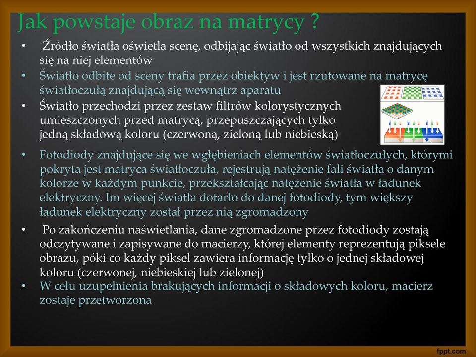 wewnątrz aparatu Światło przechodzi przez zestaw filtrów kolorystycznych umieszczonych przed matrycą, przepuszczających tylko jedną składową koloru (czerwoną, zieloną lub niebieską) Fotodiody