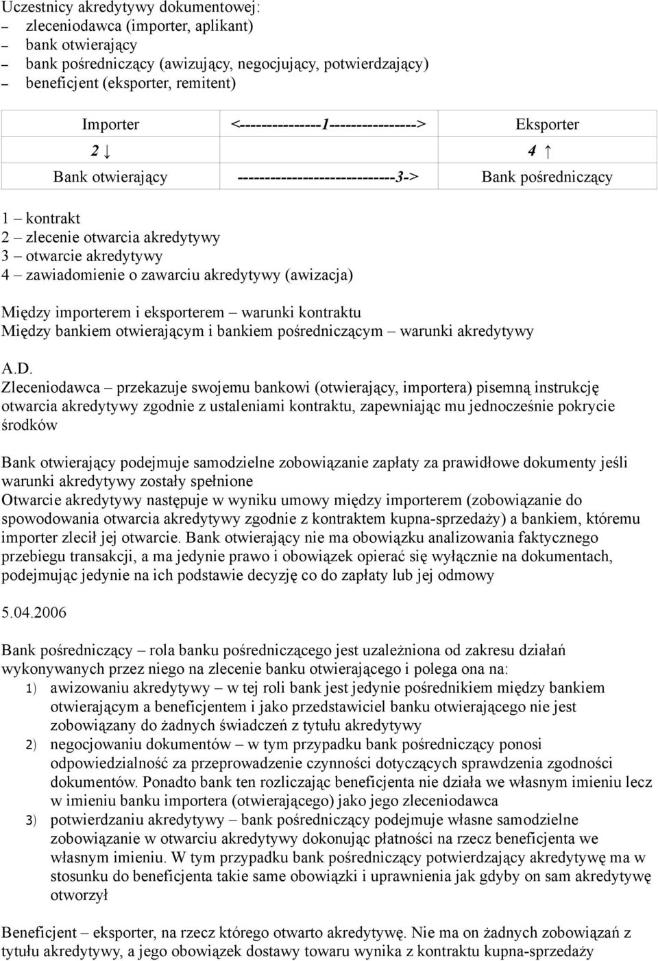zawarciu akredytywy (awizacja) Między importerem i eksporterem warunki kontraktu Między bankiem otwierającym i bankiem pośredniczącym warunki akredytywy A.D.