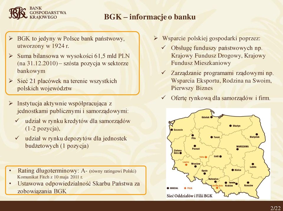 kredytów dla samorządów (1-2 pozycja), udział w rynku depozytów dla jednostek budżetowych (1 pozycja) Wsparcie polskiej gospodarki poprzez: Obsługę funduszy państwowych np.