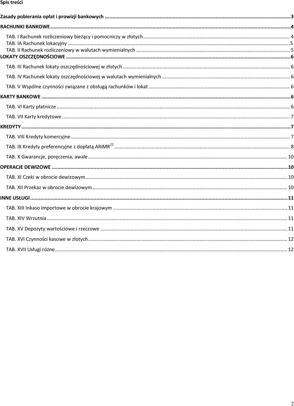 .. KARTY BANKOWE... TAB. VI Karty płatnicze... TAB. VII Karty kredytowe... 7 KREDYTY... 7 TAB. VIII Kredyty komercyjne... 7 TAB. IX Kredyty preferencyjne z dopłatą ARiMR 22... 8 TAB.