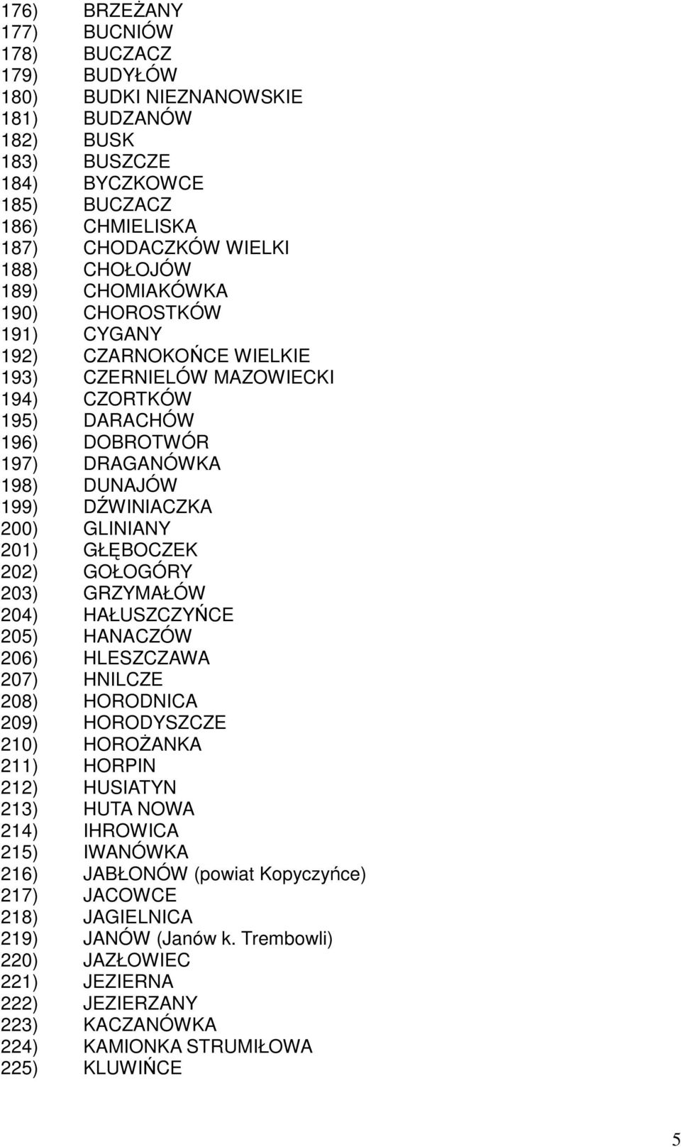 201) GŁĘBOCZEK 202) GOŁOGÓRY 203) GRZYMAŁÓW 204) HAŁUSZCZYŃCE 205) HANACZÓW 206) HLESZCZAWA 207) HNILCZE 208) HORODNICA 209) HORODYSZCZE 210) HOROśANKA 211) HORPIN 212) HUSIATYN 213) HUTA NOWA 214)