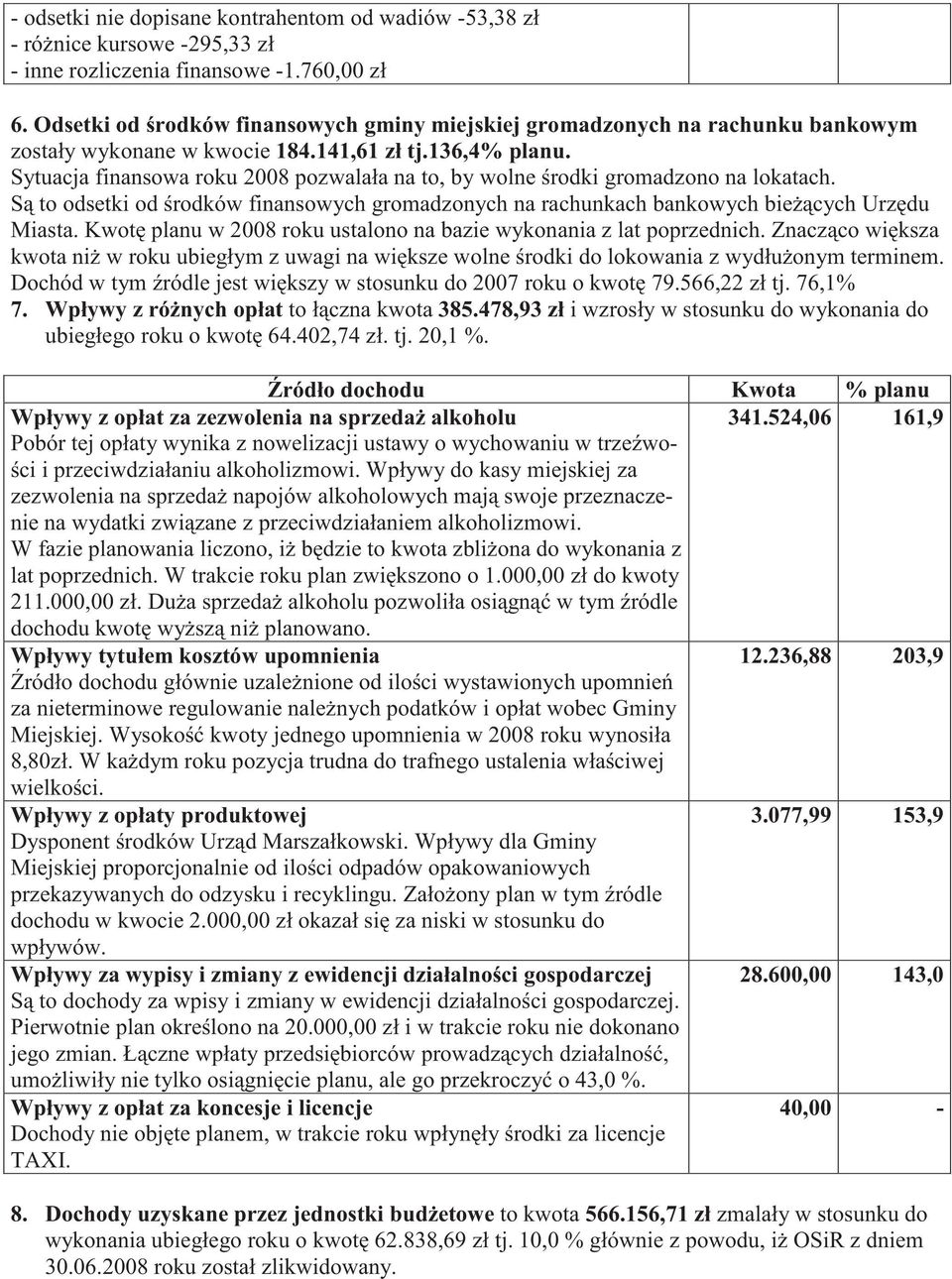 Sytuacja finansowa roku 2008 pozwalała na to, by wolne rodki gromadzono na lokatach. S to odsetki od rodków finansowych gromadzonych na rachunkach bankowych bie cych Urz du Miasta.