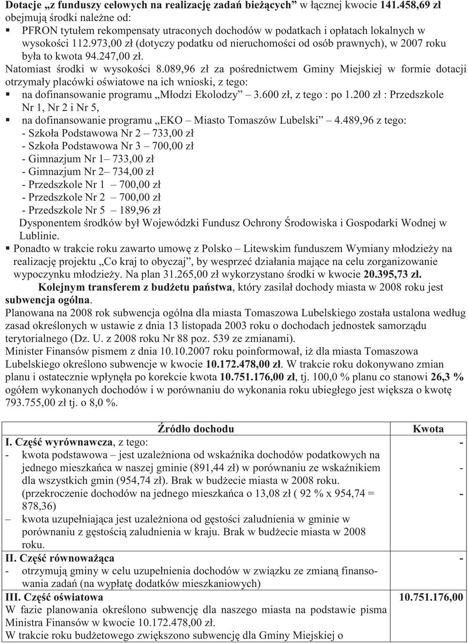 973,00 zł (dotyczy podatku od nieruchomo ci od osób prawnych), w 2007 roku była to kwota 94.247,00 zł. Natomiast rodki w wysoko ci 8.