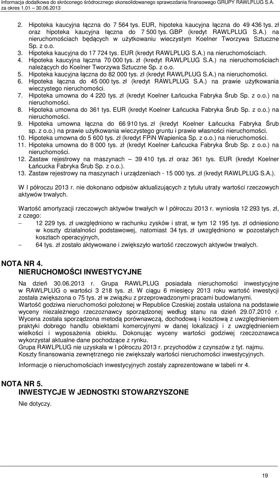 Hipoteka kaucyjna łączna 70 000 tys. zł (kredyt RAWLPLUG S.A.) na nieruchomościach należących do Koelner Tworzywa Sztuczne Sp. z o.o. 5. Hipoteka kaucyjna łączna do 82 000 tys. zł (kredyt RAWLPLUG S.A.) na nieruchomości. 6.