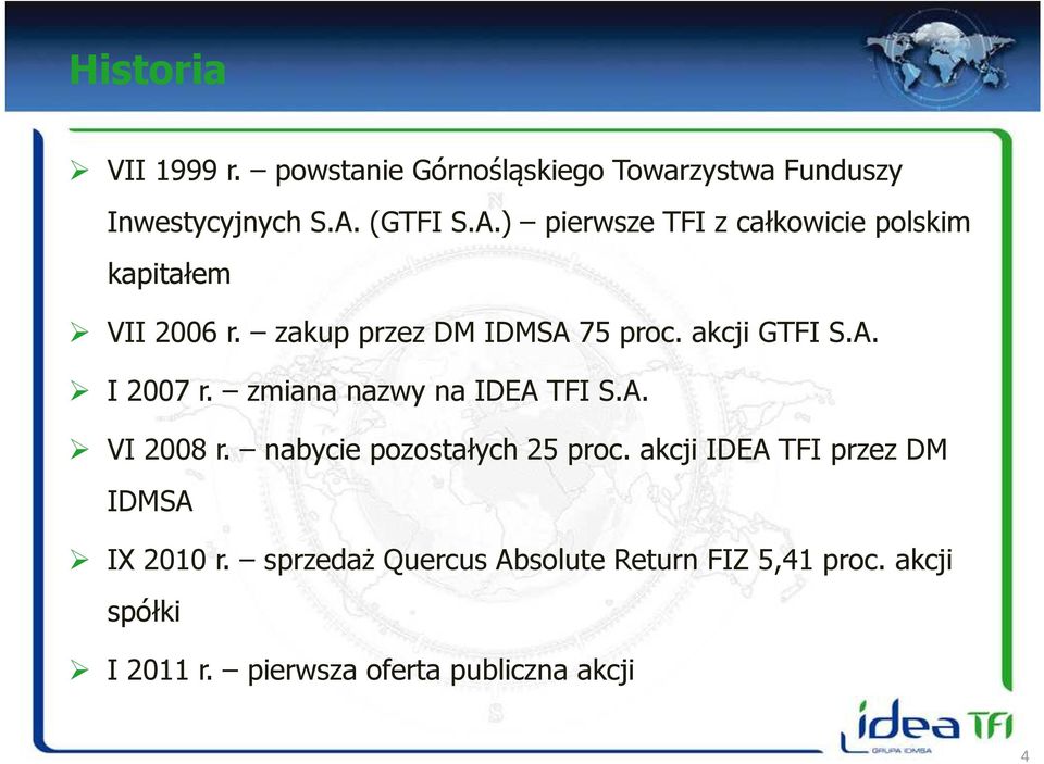 akcji GTFI S.A. I 2007 r. zmiana nazwy na IDEA TFI S.A. VI 2008 r. nabycie pozostałych 25 proc.