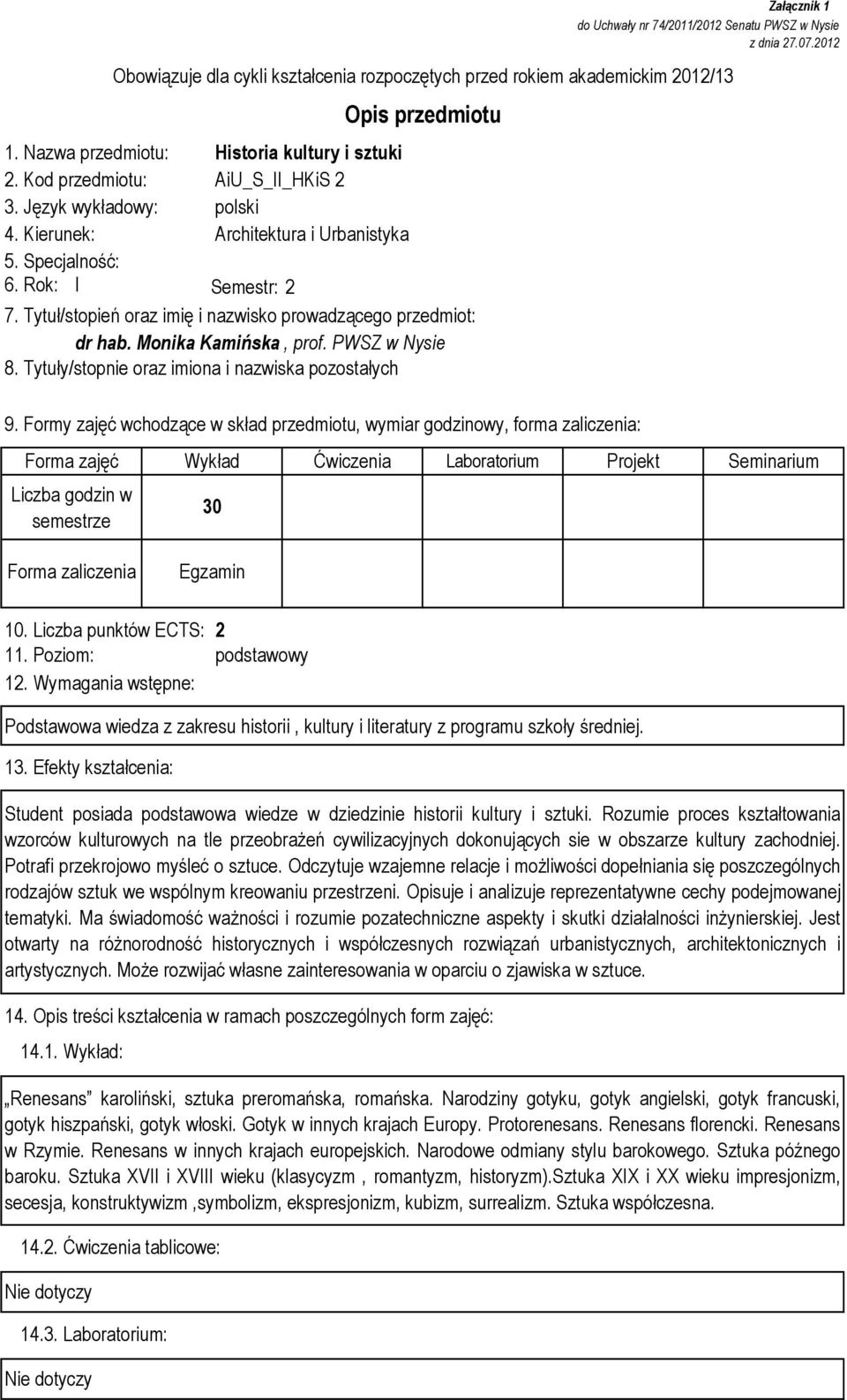 Tytuły/stopnie oraz imiona i nazwiska pozostałych Załącznik 1 do Uchwały nr 74/2011/2012 Senatu PWSZ w Nysie z dnia 27.07.