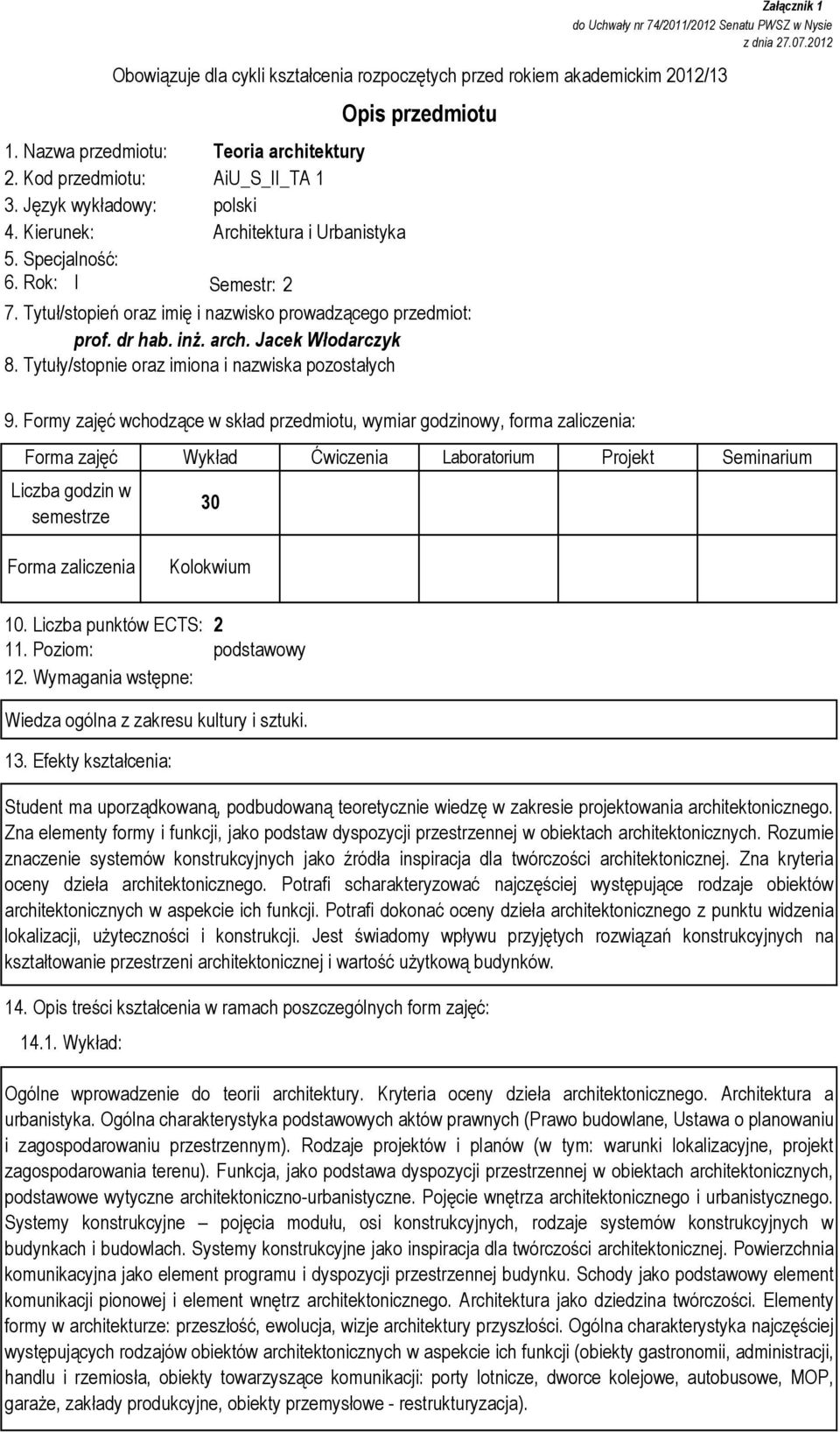 Tytuły/stopnie oraz imiona i nazwiska pozostałych Załącznik 1 do Uchwały nr 74/2011/2012 Senatu PWSZ w Nysie z dnia 27.07.