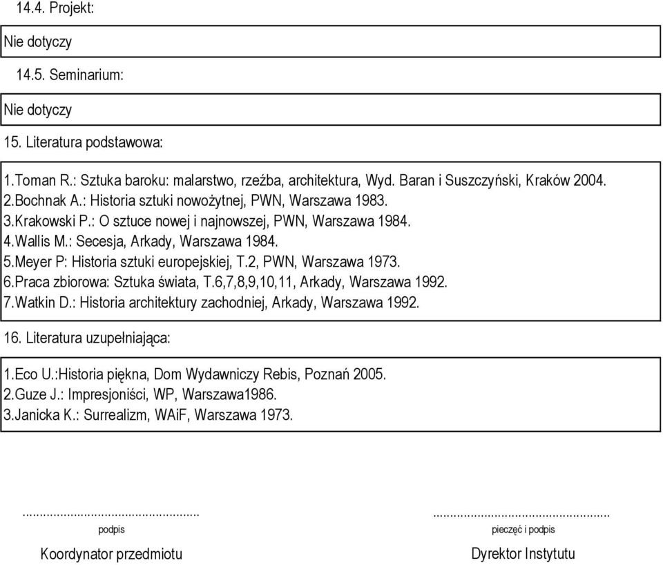 Meyer P: Historia sztuki europejskiej, T.2, PWN, Warszawa 1973. 6.Praca zbiorowa: Sztuka świata, T.6,7,8,9,10,11, Arkady, Warszawa 1992. 7.Watkin D.