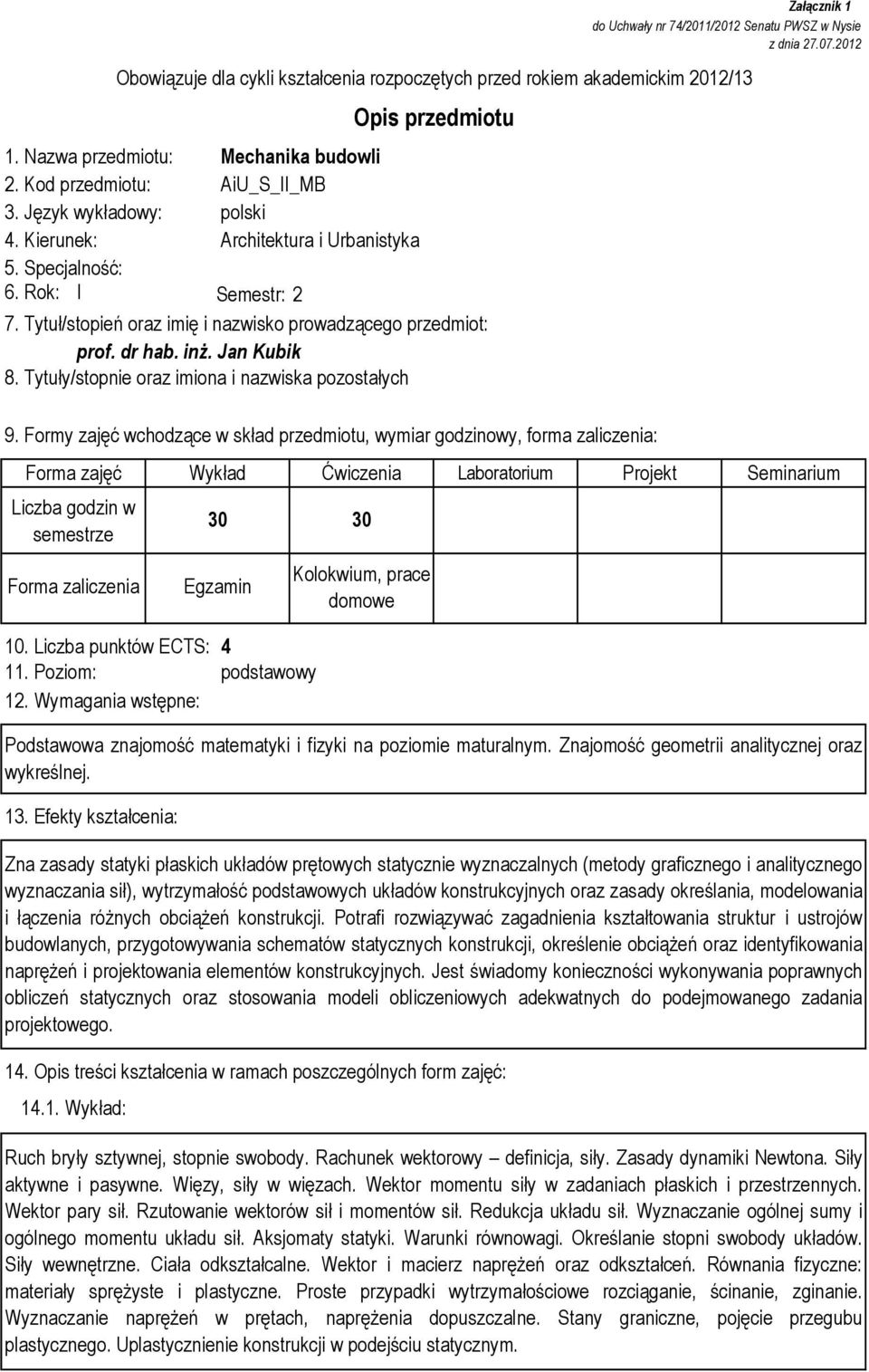 Tytuły/stopnie oraz imiona i nazwiska pozostałych Załącznik 1 do Uchwały nr 74/2011/2012 Senatu PWSZ w Nysie z dnia 27.07.