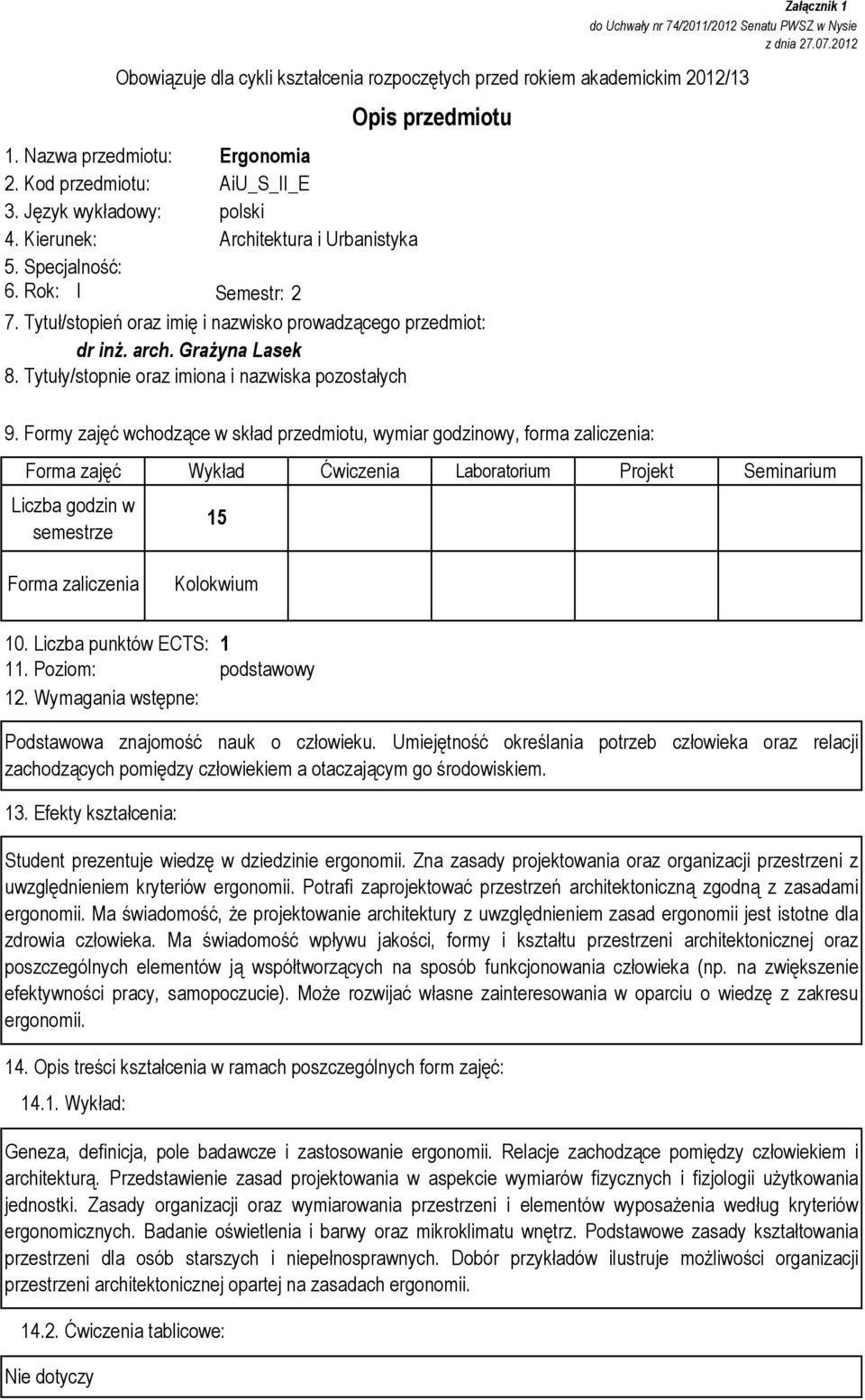 Tytuły/stopnie oraz imiona i nazwiska pozostałych Załącznik 1 do Uchwały nr 74/2011/2012 Senatu PWSZ w Nysie z dnia 27.07.