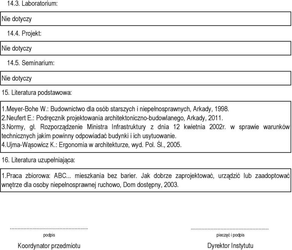 w sprawie warunków technicznych jakim powinny odpowiadać budynki i ich usytuowanie. 4.Ujma-Wąsowicz K.: Ergonomia w architekturze, wyd. Pol. Śl., 2005. 16. Literatura uzupełniająca: 1.