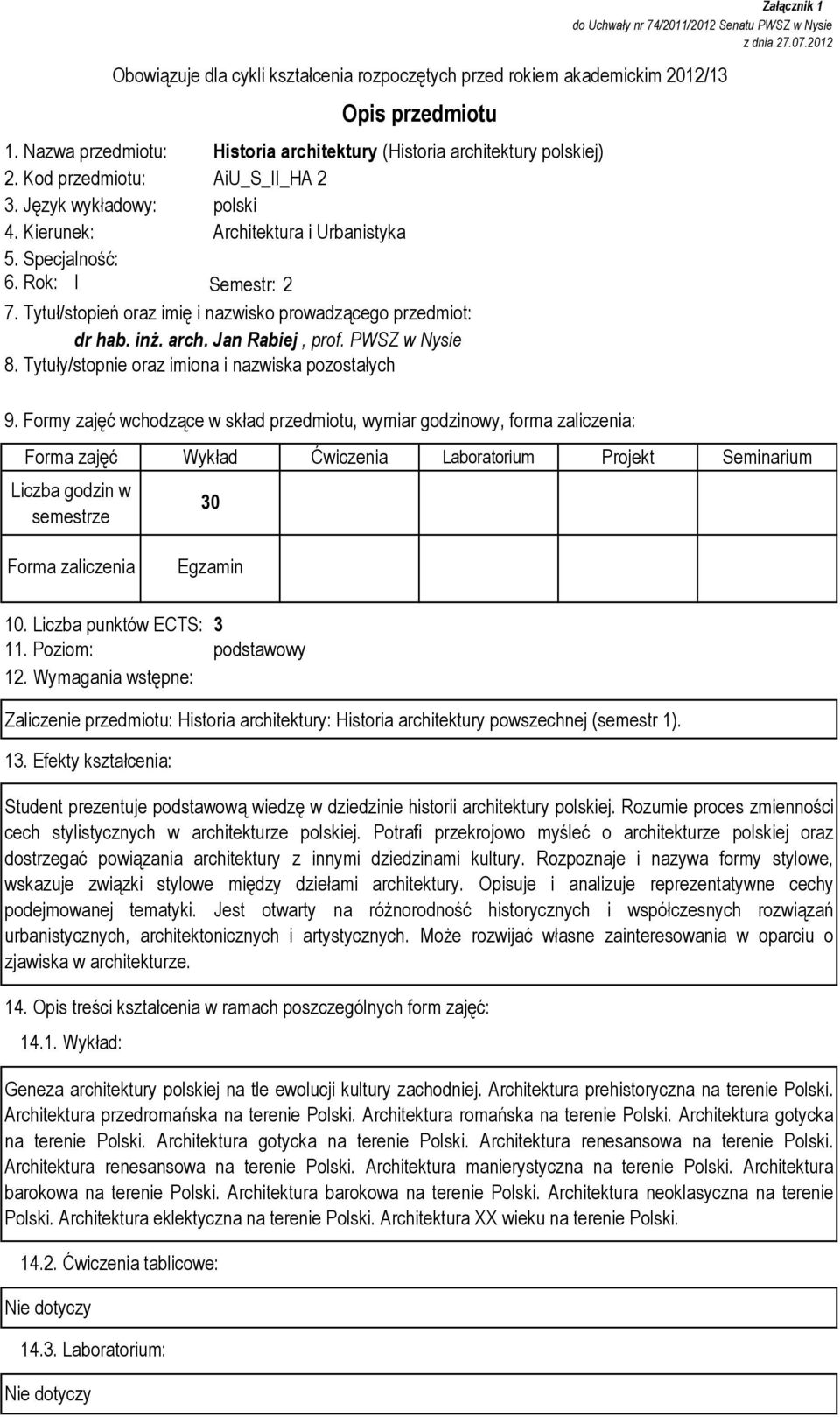 Tytuły/stopnie oraz imiona i nazwiska pozostałych Załącznik 1 do Uchwały nr 74/2011/2012 Senatu PWSZ w Nysie z dnia 27.07.