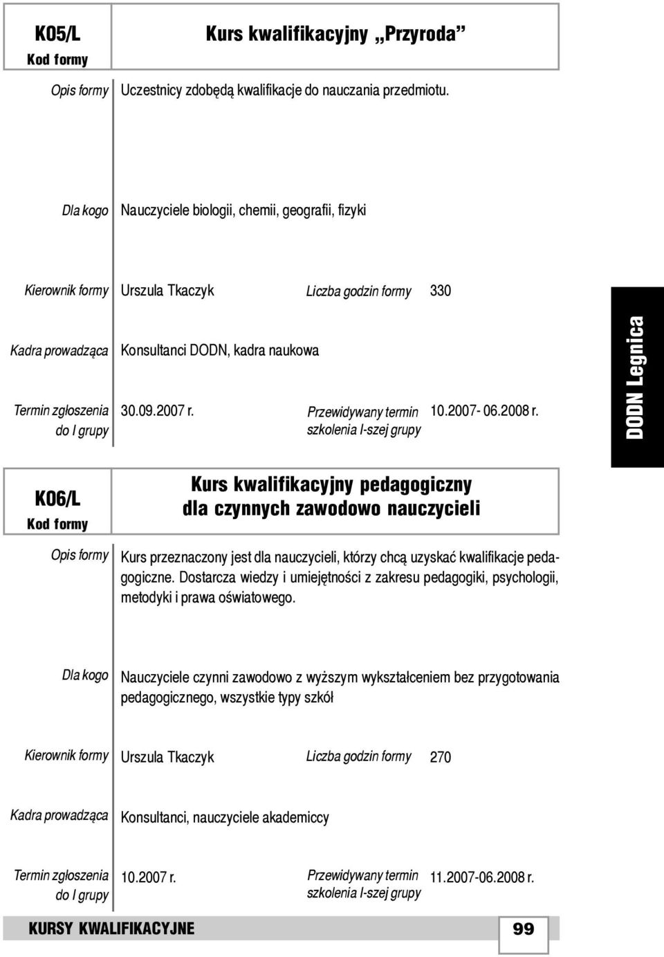 K06/L Kurs kwalifikacyjny pedagogiczny dla czynnych zawodowo nauczycieli Kurs przeznaczony jest dla nauczycieli, którzy chc¹ uzyskaæ kwalifikacje pedagogiczne.