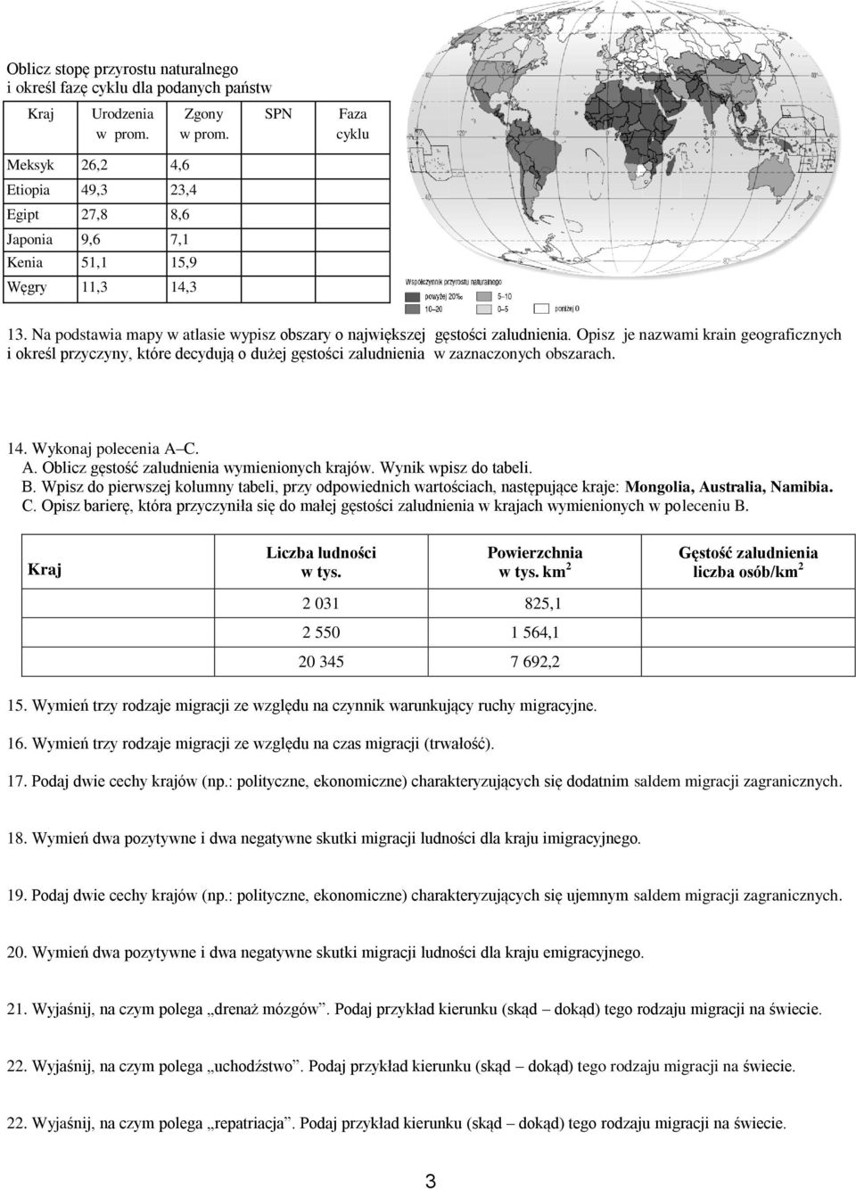 Opisz je nazwami krain geograficznych i określ przyczyny, które decydują o dużej gęstości zaludnienia w zaznaczonych obszarach. 14. Wykonaj polecenia A C. A. Oblicz gęstość zaludnienia wymienionych krajów.