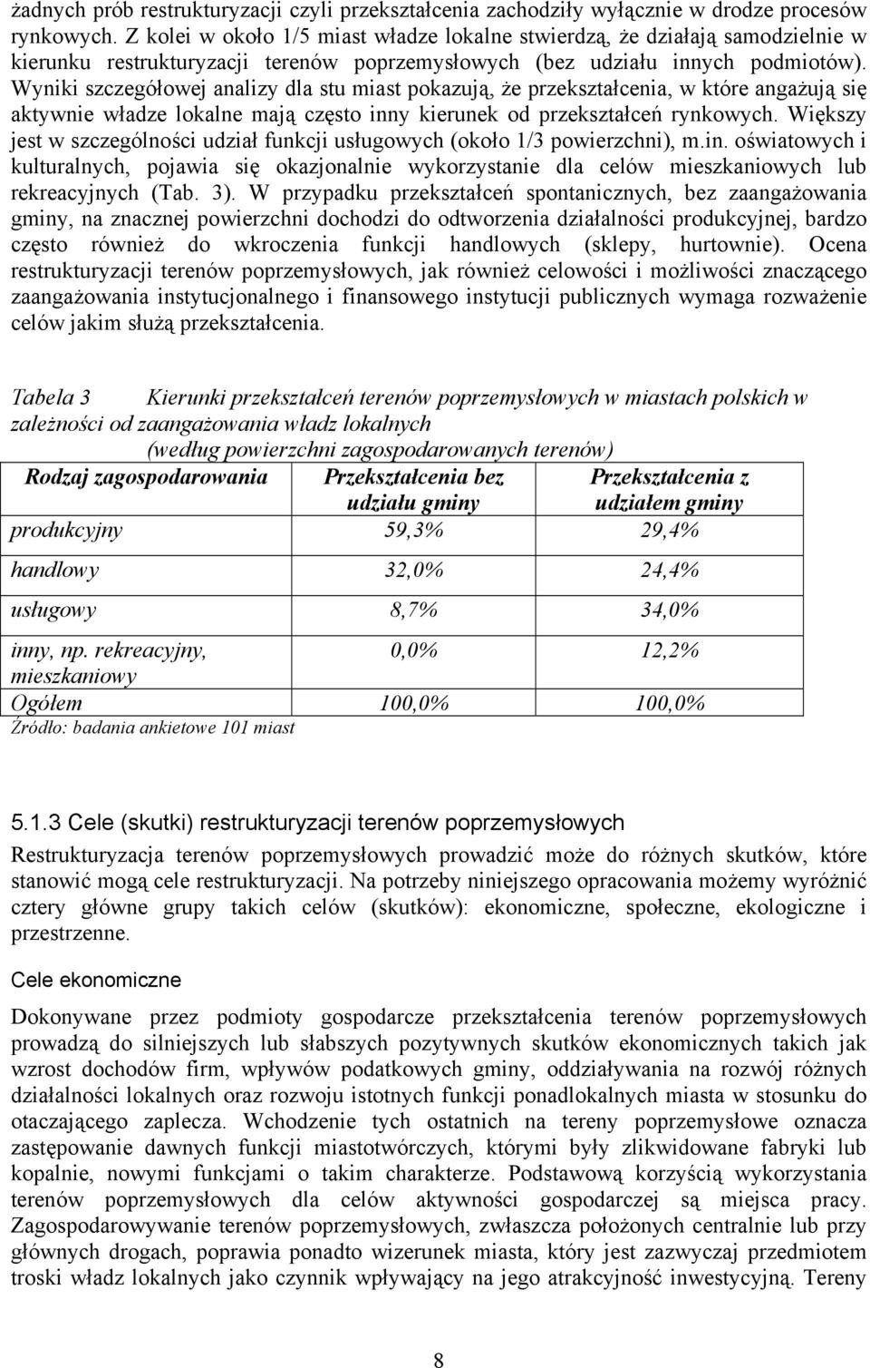 Wyniki szczegółowej analizy dla stu miast pokazują, że przekształcenia, w które angażują się aktywnie władze lokalne mają często inny kierunek od przekształceń rynkowych.