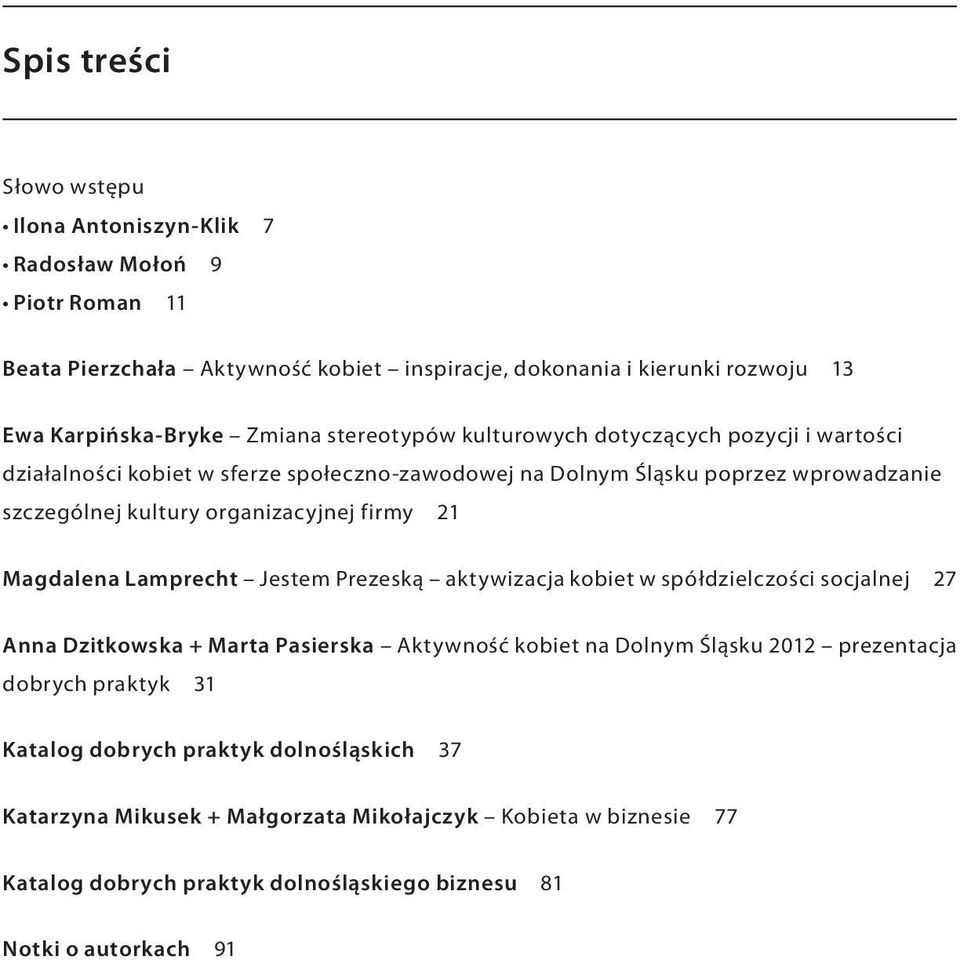 firmy 21 Magdalena Lamprecht Jestem Prezeską aktywizacja kobiet w spółdzielczości socjalnej 27 Anna Dzitkowska + Marta Pasierska Aktywność kobiet na Dolnym Śląsku 2012 prezentacja