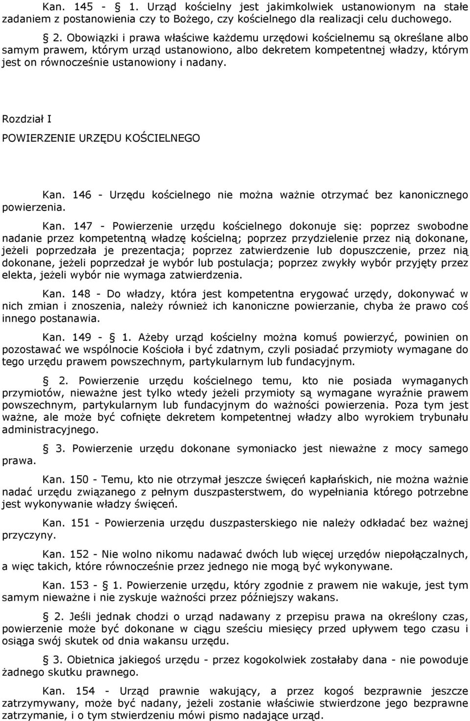 Rozdział I POWIERZENIE URZĘDU KOŚCIELNEGO Kan.