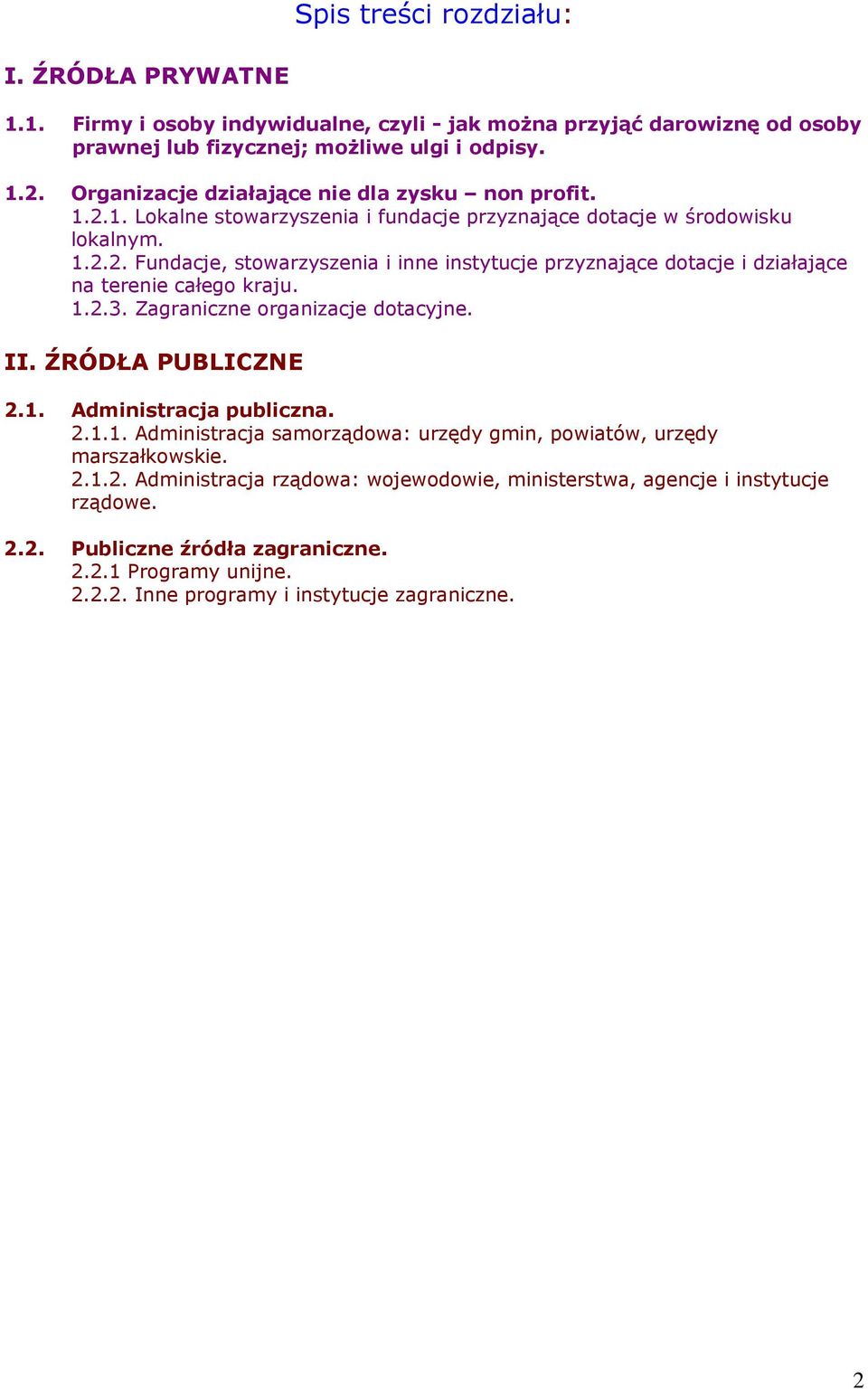 1.2.3. Zagraniczne organizacje dotacyjne. II. ŹRÓDŁA PUBLICZNE 2.1. Administracja publiczna. 2.1.1. Administracja samorządowa: urzędy gmin, powiatów, urzędy marszałkowskie. 2.1.2. Administracja rządowa: wojewodowie, ministerstwa, agencje i instytucje rządowe.