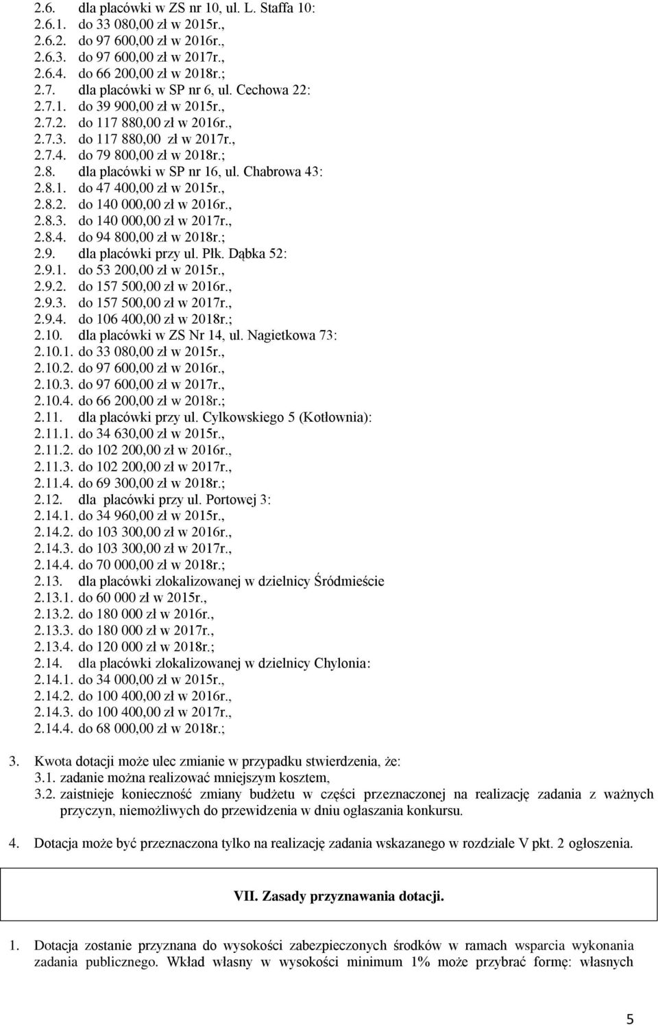 , 2.8.2. do 140 000,00 zł w 2016r., 2.8.3. do 140 000,00 zł w 2017r., 2.8.4. do 94 800,00 zł w 2018r.; 2.9. dla placówki przy ul. Płk. Dąbka 52: 2.9.1. do 53 200,00 zł w 2015r., 2.9.2. do 157 500,00 zł w 2016r.