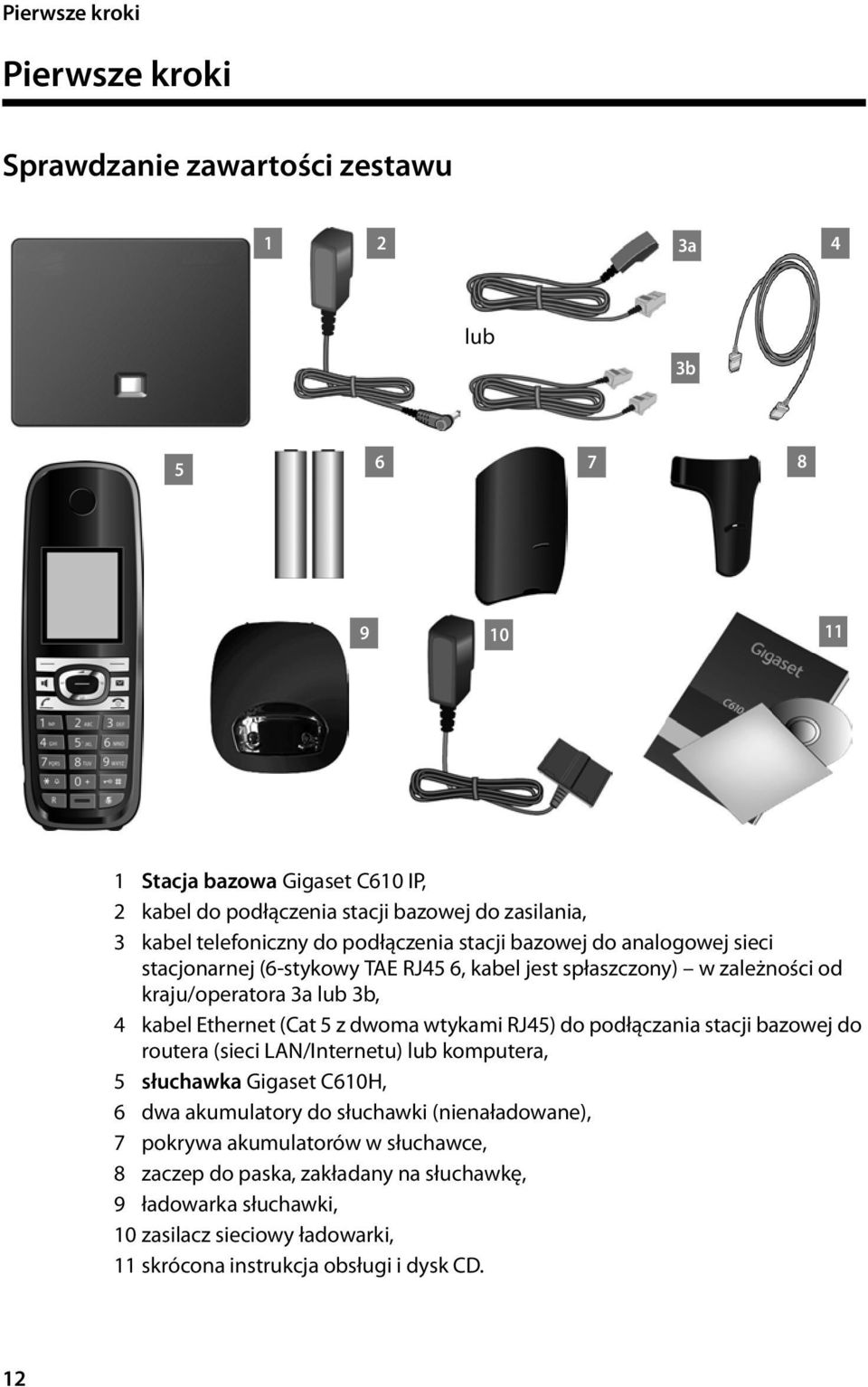 Ethernet (Cat 5 z dwoma wtykami RJ45) do podłączania stacji bazowej do routera (sieci LAN/Internetu) lub komputera, 5 słuchawka Gigaset C610H, 6 dwa akumulatory do słuchawki