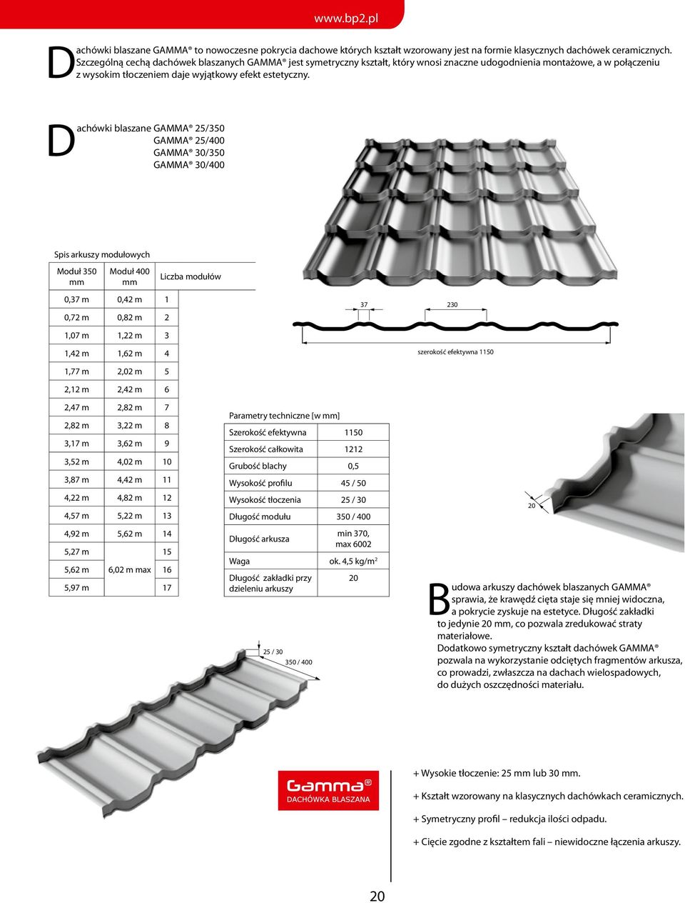 Dachówki blaszane GAMMA 25/350 GAMMA 25/400 GAMMA 30/350 GAMMA 30/400 Spis arkuszy modułowych Moduł 350 mm Moduł 400 mm 0,37 m 0,42 m 1 0,72 m 0,82 m 2 Liczba modułów 37 230 1,07 m 1,22 m 3 1,42 m