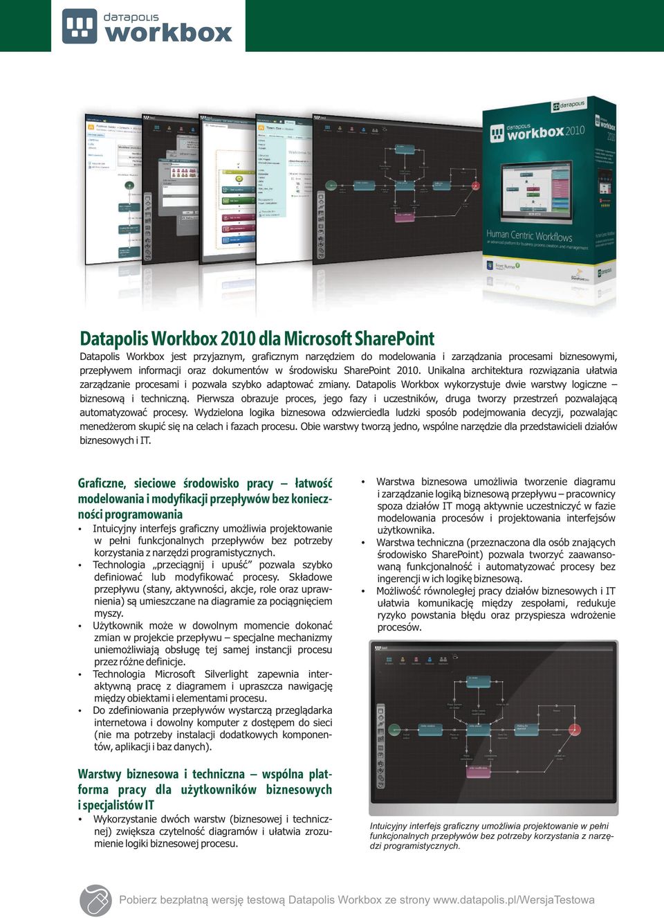 Datapolis Workbox wykorzystuje dwie warstwy logiczne biznesową i techniczną. Pierwsza obrazuje proces, jego fazy i uczestników, druga tworzy przestrzeń pozwalającą automatyzować procesy.