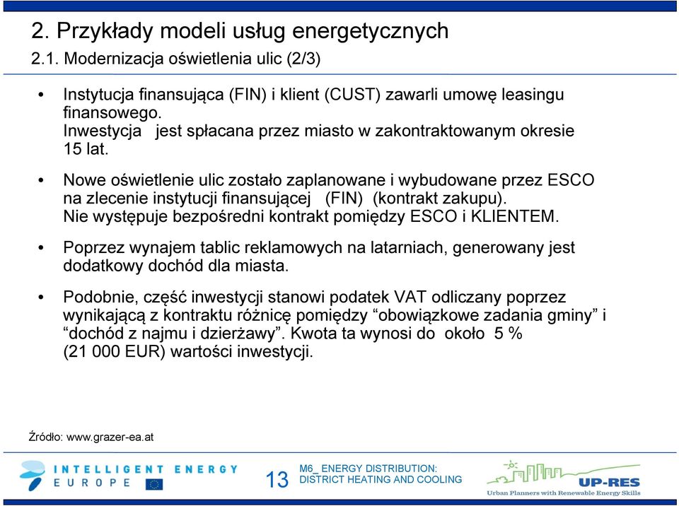 Nowe oświetlenie ulic zostało zaplanowane i wybudowane przez ESCO na zlecenie instytucji finansującej (FIN) (kontrakt zakupu). Nie występuje bezpośredni kontrakt pomiędzy ESCO i KLIENTEM.