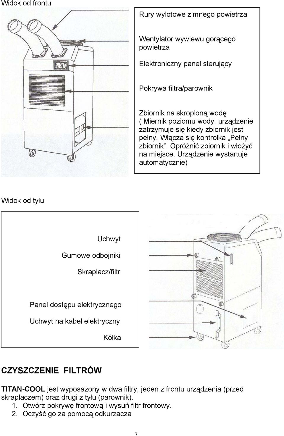 Urządzenie wystartuje automatycznie) Widok od tyłu Uchwyt Gumowe odbojniki Skraplacz/filtr Panel dostępu elektrycznego Uchwyt na kabel elektryczny Kółka CZYSZCZENIE FILTRÓW