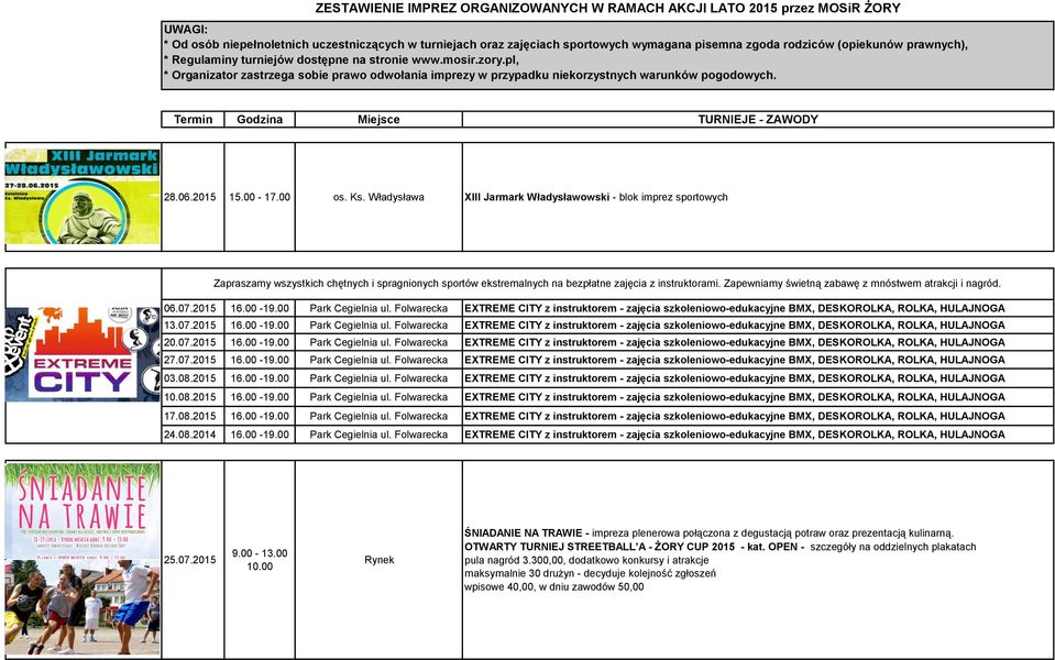 Termin Godzina Miejsce TURNIEJE - ZAWODY 28.06.2015 15.00-17.00 os. Ks.