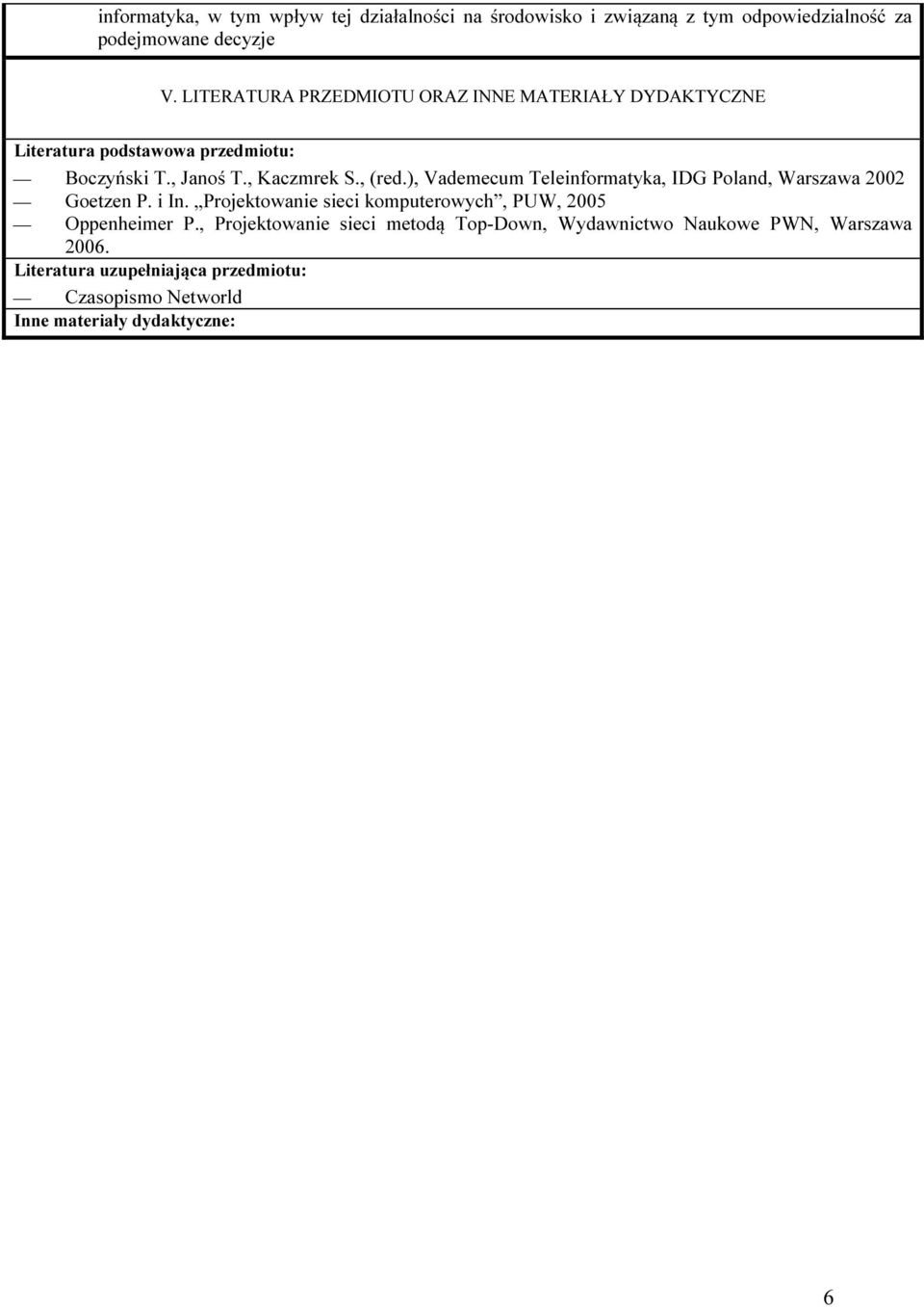 ), Vademecum Teleinformatyka, IDG Poland, Warszawa 2002 Goetzen P. i In. Projektowanie sieci komputerowych, PUW, 2005 Oppenheimer P.