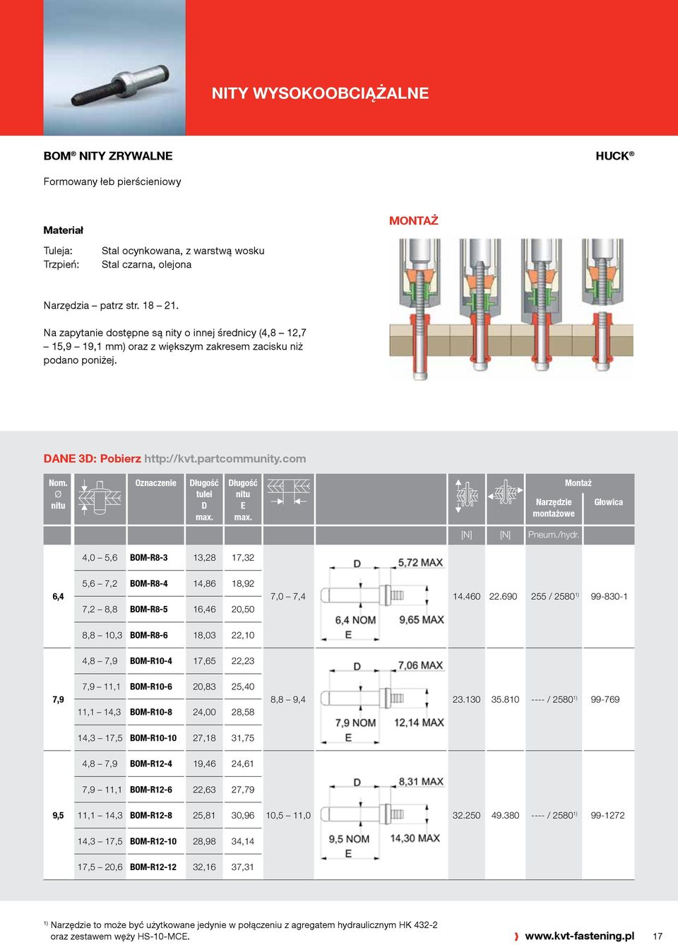 Ø Oznaczenie tulei D E Narzędzie montażowe Montaż Głowica [N] [N] Pneum./hydr. 4,0 5,6 BOM-R8-3 13,28 17,32 6,4 5,6 7,2 BOM-R8-4 14,86 18,92 7,2 8,8 BOM-R8-5 16,46 20,50 7,0 7,4 14.460 22.