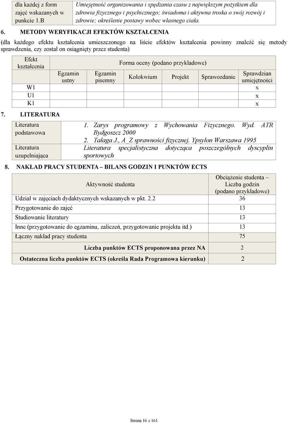 6. METODY WERYFIKACJI EFEKTÓW KSZTAŁCENIA (dla każdego efektu umieszczonego na liście powinny znaleźć się metody sprawdzenia, czy został on osiągnięty przez studenta) Efekt W1 U1 K1 7.