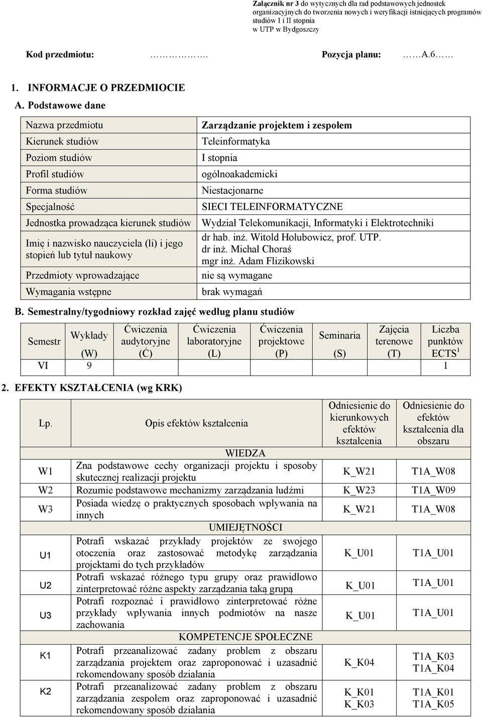 tytuł naukowy Przedmioty wprowadzające Wymagania wstępne Zarządzanie projektem i zespołem Teleinformatyka I stopnia ogólnoakademicki Niestacjonarne SIECI TELEINFORMATYCZNE Wydział Telekomunikacji,