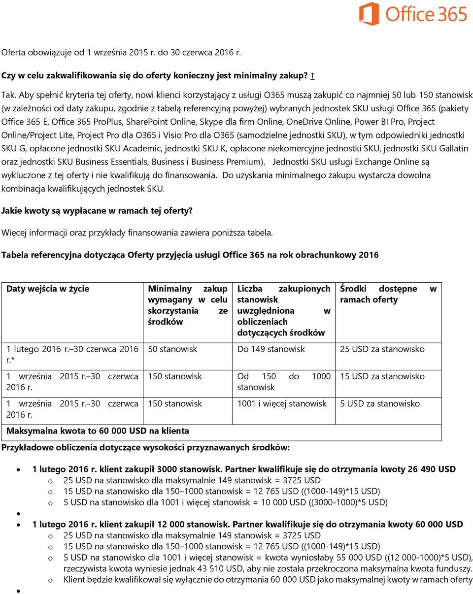 jednostek SKU usługi Office 365 (pakiety Office 365 E, Office 365 ProPlus, SharePoint Online, Skype dla firm Online, OneDrive Online, Power BI Pro, Project Online/Project Lite, Project Pro dla O365 i