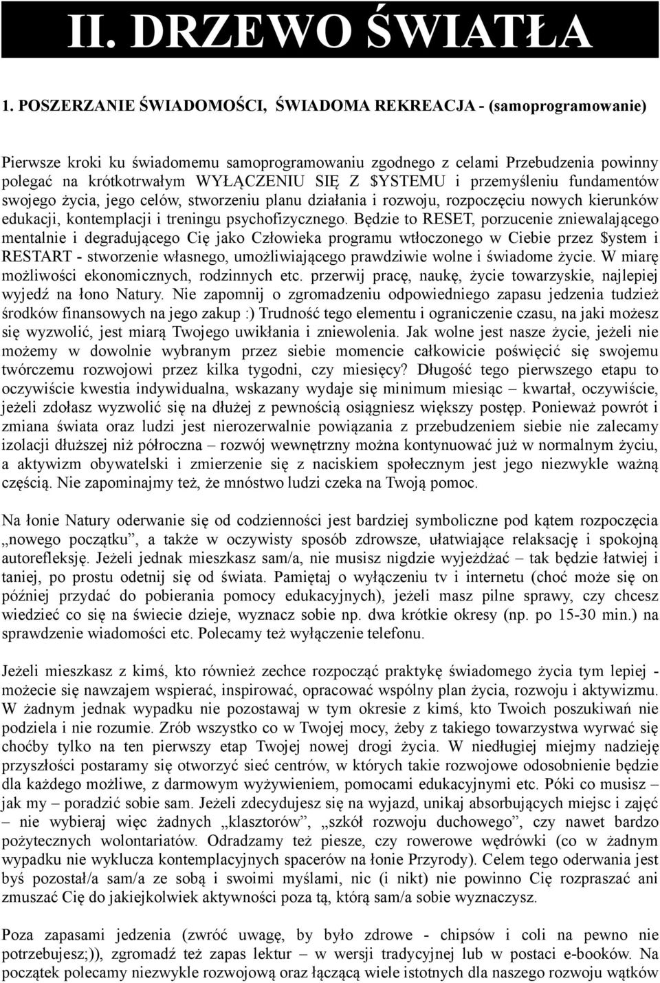 $YSTEMU i przemyśleniu fundamentów swojego życia, jego celów, stworzeniu planu działania i rozwoju, rozpoczęciu nowych kierunków edukacji, kontemplacji i treningu psychofizycznego.