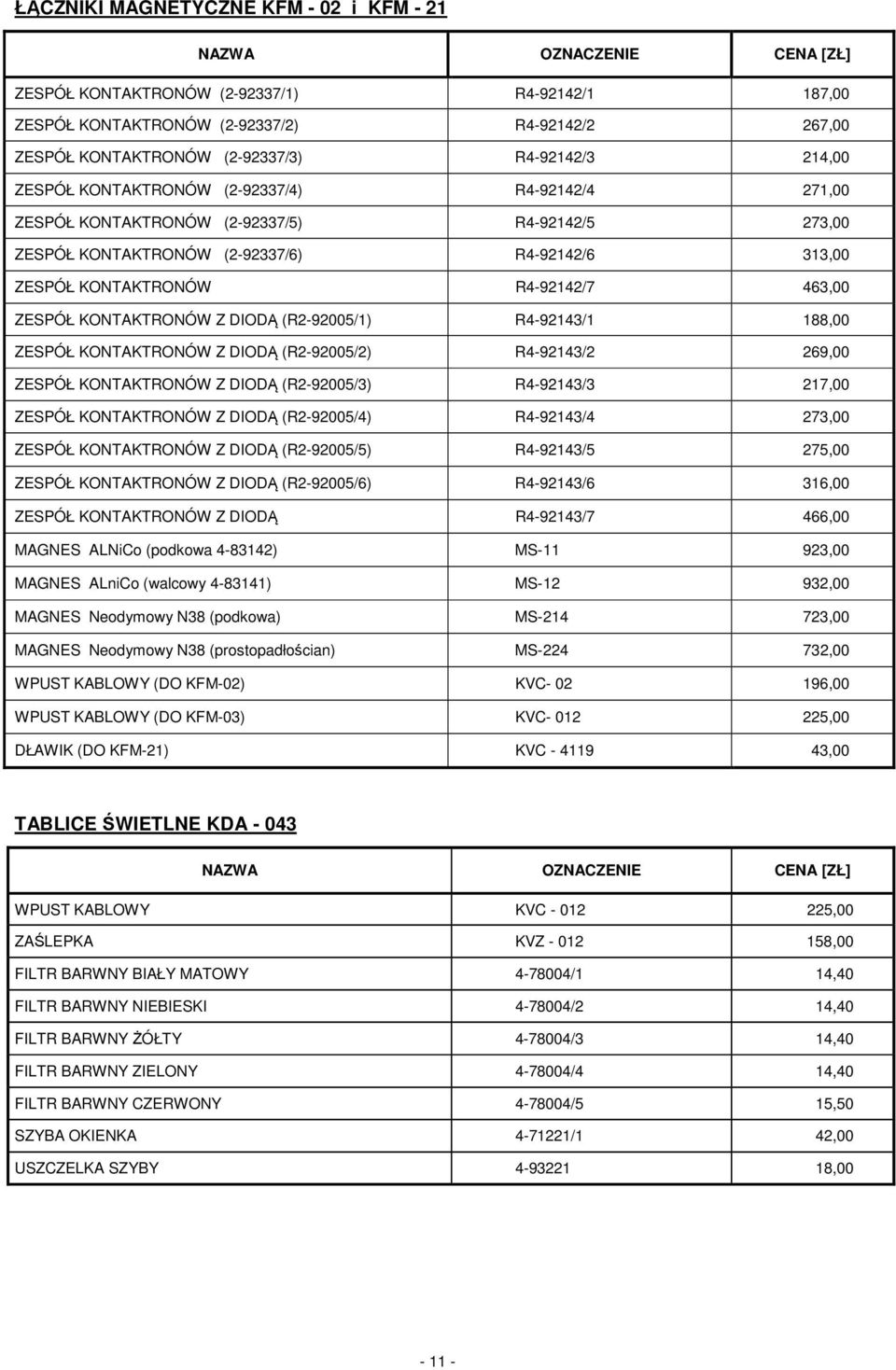 KONTAKTRONÓW Z DIODĄ (R2-92005/1) R4-92143/1 188,00 ZESPÓŁ KONTAKTRONÓW Z DIODĄ (R2-92005/2) R4-92143/2 269,00 ZESPÓŁ KONTAKTRONÓW Z DIODĄ (R2-92005/3) R4-92143/3 217,00 ZESPÓŁ KONTAKTRONÓW Z DIODĄ