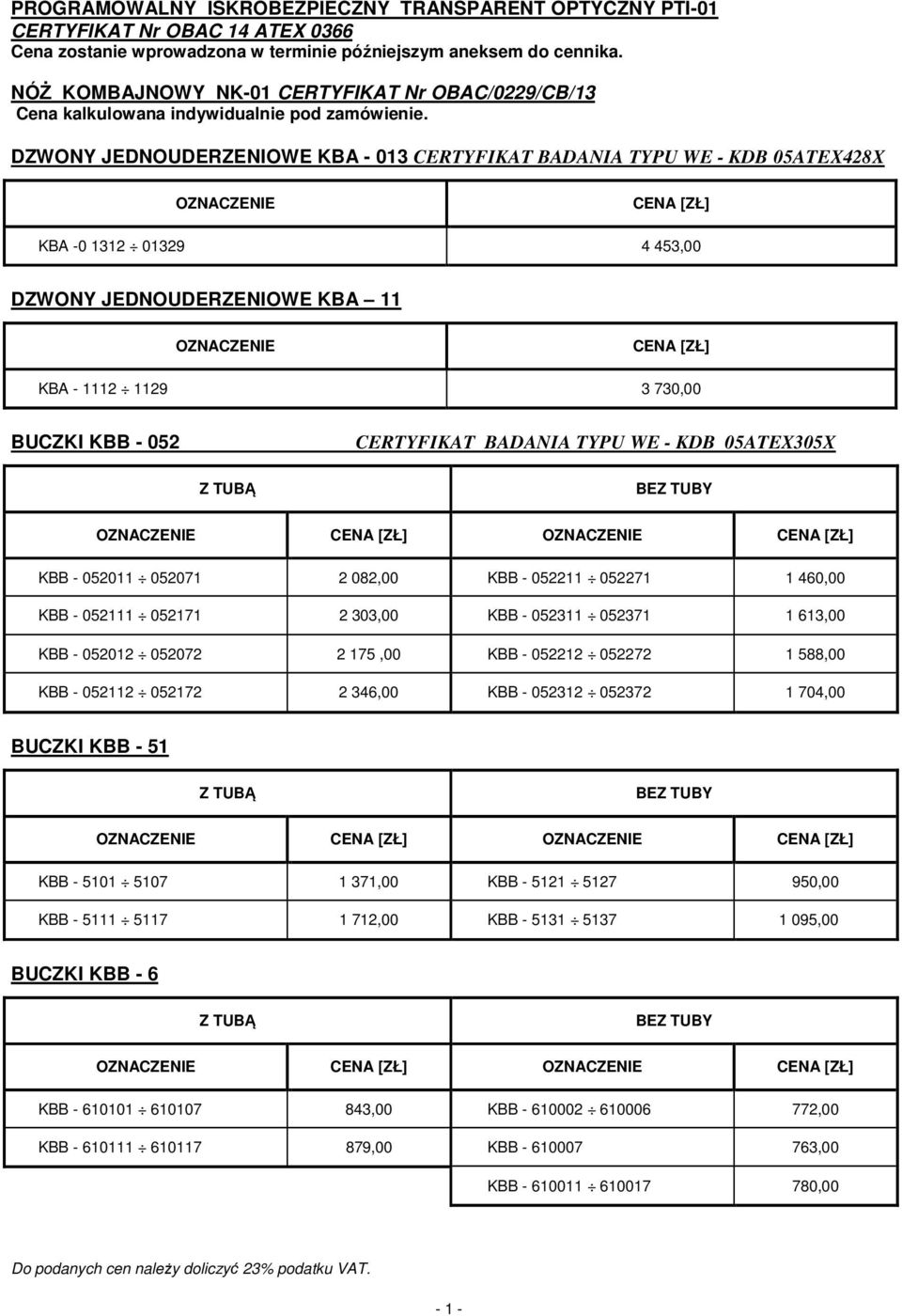 DZWONY JEDNOUDERZENIOWE KBA - 013 CERTYFIKAT BADANIA TYPU WE - KDB 05ATEX428X CENA [ZŁ] KBA -0 1312 01329 4 453,00 DZWONY JEDNOUDERZENIOWE KBA 11 CENA [ZŁ] KBA - 1112 1129 3 730,00 BUCZKI KBB - 052