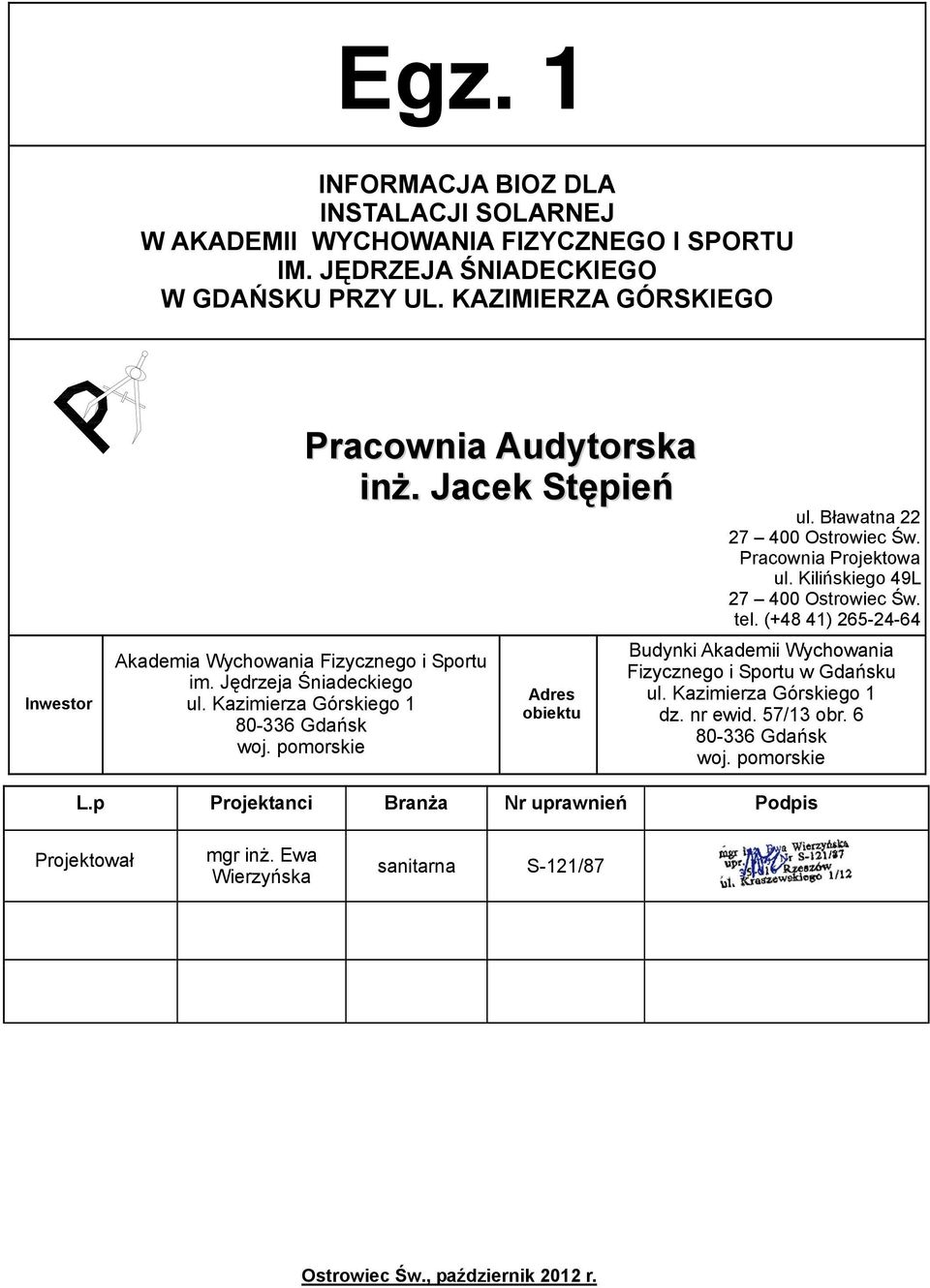 Jacek Stępień Adres obiektu ul. Bławatna 22 27 400 Ostrowiec Św. Pracownia Projektowa ul. Kilińskiego 49L 27 400 Ostrowiec Św. tel.