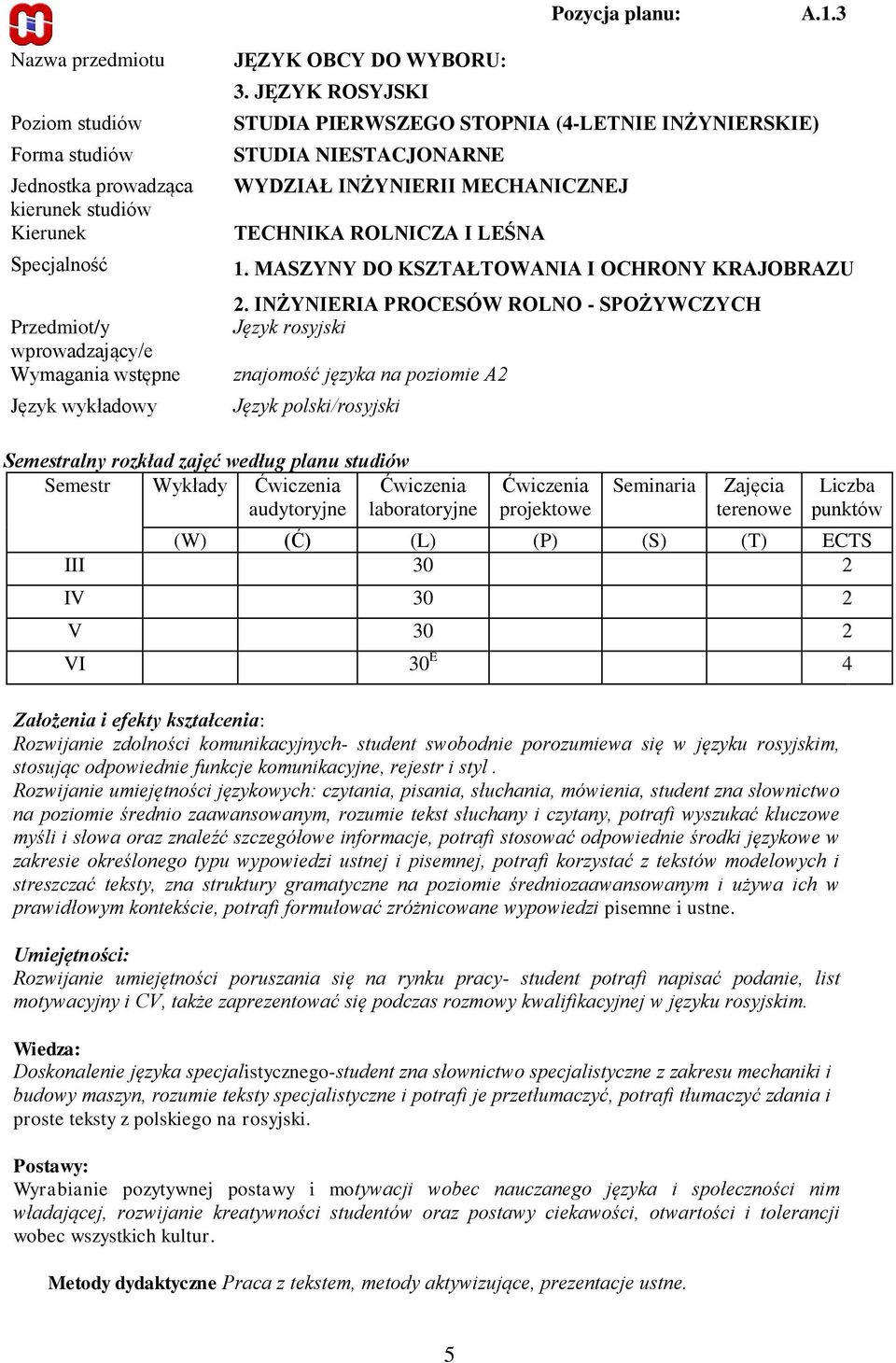 JĘZYK ROSYJSKI STUDIA PIERWSZEGO STOPNIA (4-LETNIE INŻYNIERSKIE) STUDIA NIESTACJONARNE WYDZIAŁ INŻYNIERII MECHANICZNEJ TECHNIKA ROLNICZA I LEŚNA 1. MASZYNY DO KSZTAŁTOWANIA I OCHRONY KRAJOBRAZU 2.