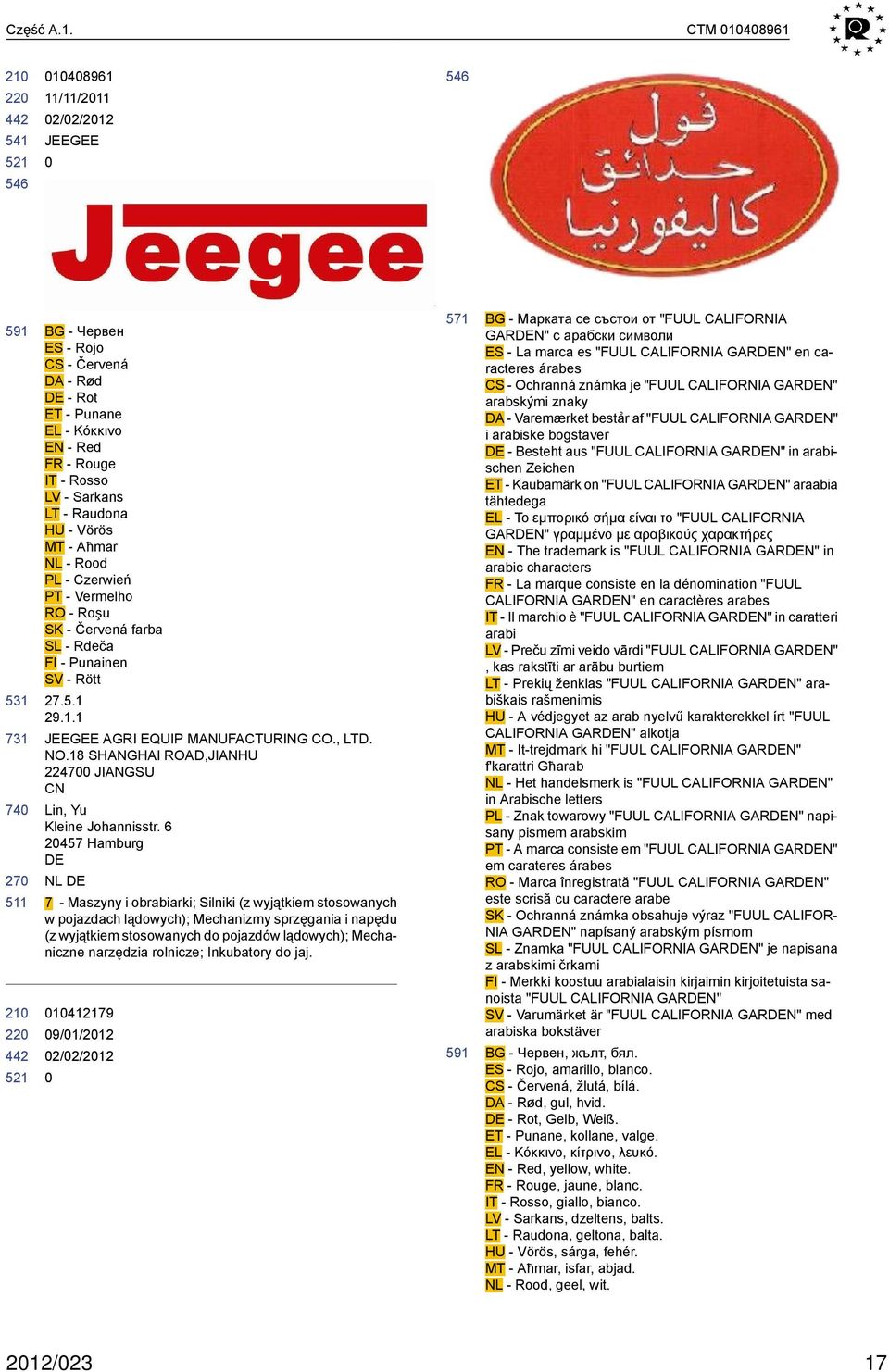 Rood PL - Czerwień PT - Vermelho RO - Roşu SK - Červená farba SL - Rdeča FI - Punainen SV - Rött 27.5.1 29.1.1 JEEGEE AGRI EQUIP MANUFACTURING CO., LTD. NO.