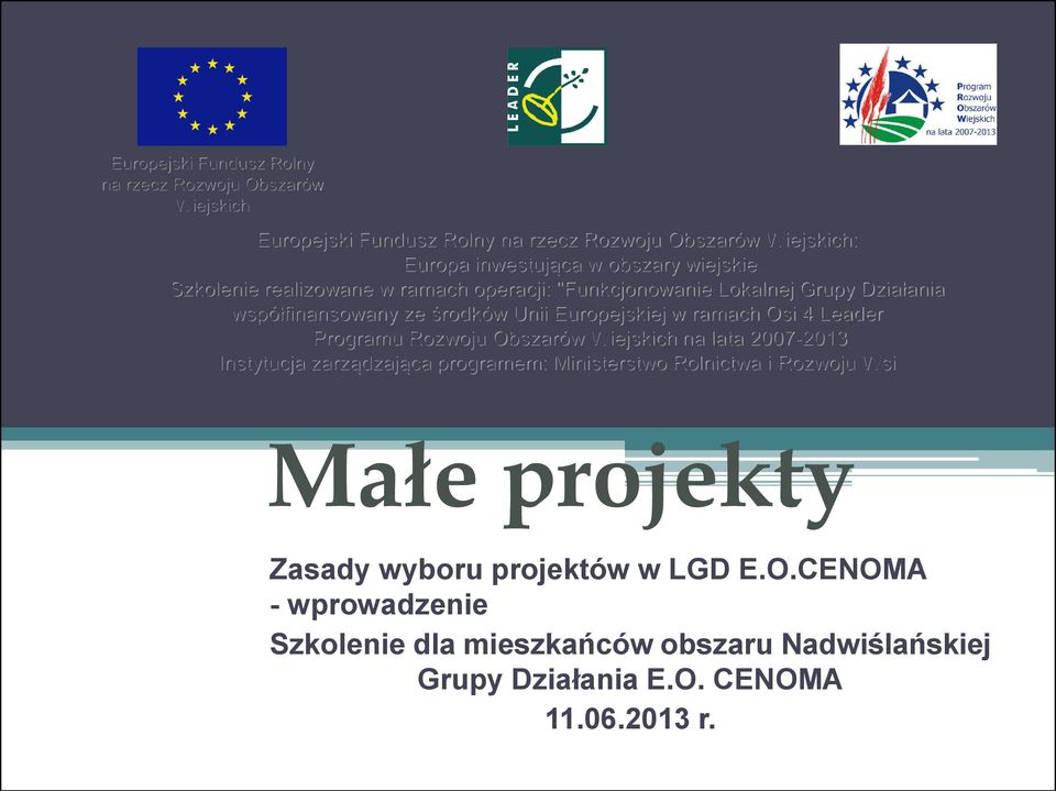 ramach Osi 4 Leader Programu Rozwoju Obszarów Wiejskich na lata 2007-2013 Instytucja zarządzająca programem: Ministerstwo Rolnictwa i Rozwoju Wsi