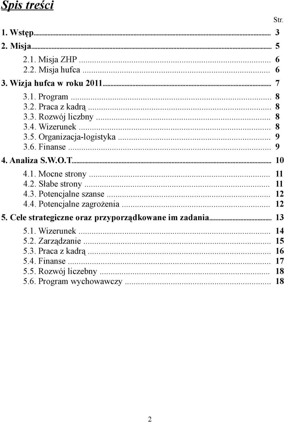 .. 4.4. Potencjalne zagrożenia... 5. Cele strategiczne oraz przyporządkowane im zadania... 13 5.1. Wizerunek... 5.2. Zarządzanie... 5.3. Praca z kadrą.