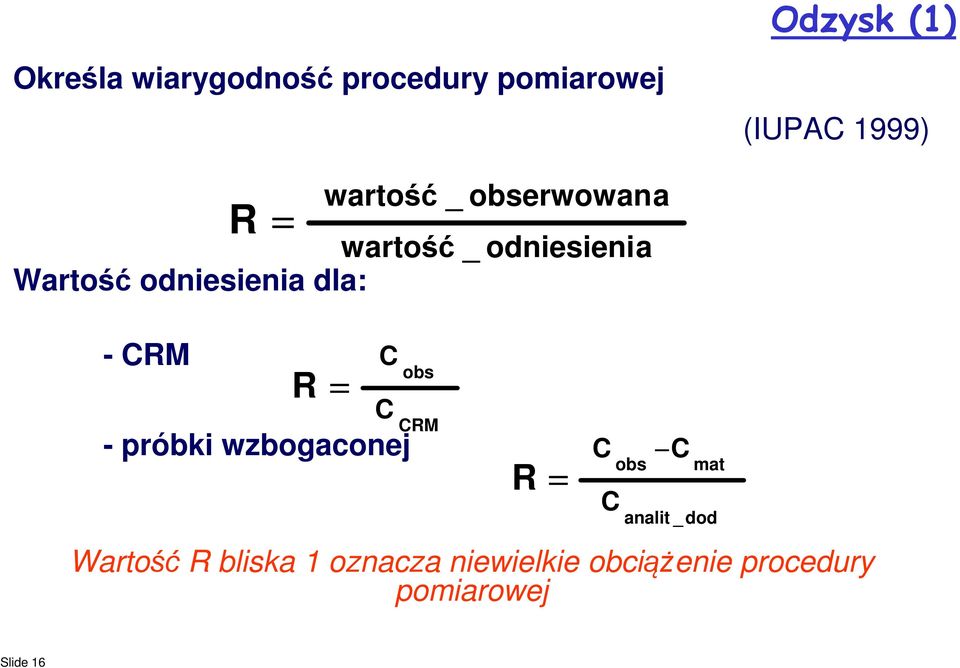 CRM R = C C - próbki wzbogaconej obs CRM analit _dod Wartość R bliska 1