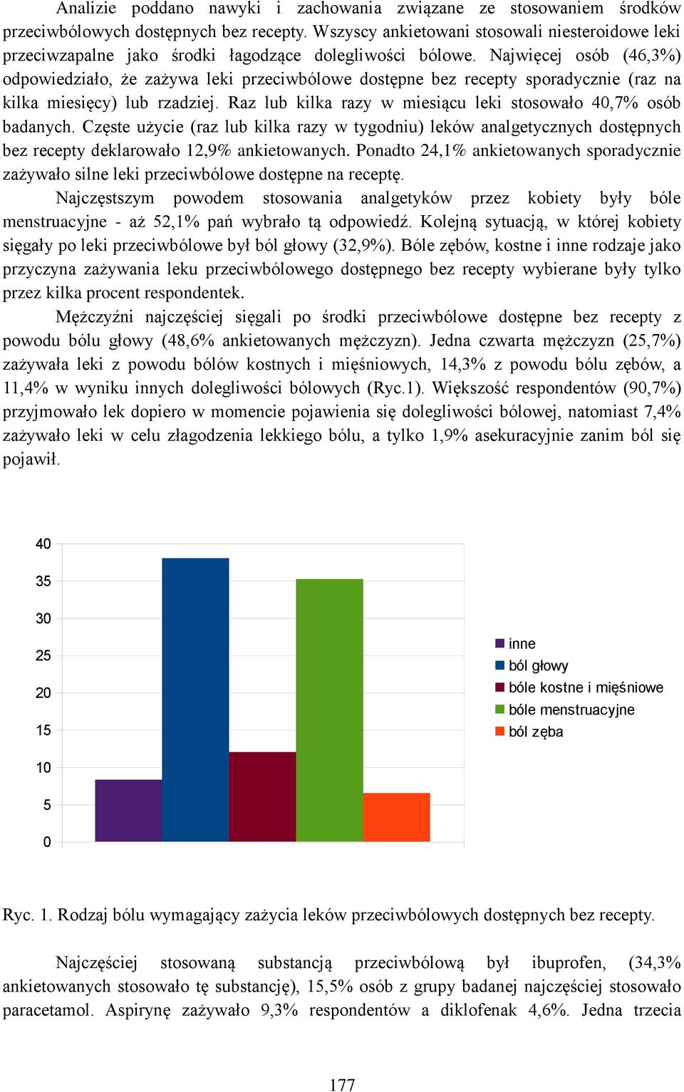 Najwięcej osób (46,3%) odpowiedziało, że zażywa leki przeciwbólowe dostępne bez recepty sporadycznie (raz na kilka miesięcy) lub rzadziej.