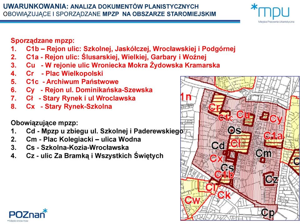 Cu - W rejonie ulic Wroniecka Mokra Żydowska Kramarska 4. Cr - Plac Wielkopolski 5. C1c - Archiwum Państwowe 6. Cy - Rejon ul. Dominikańska-Szewska 7.