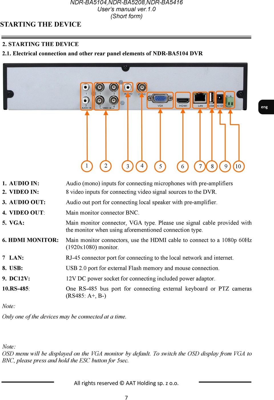 AUDIO OUT: Audio out port for connecting local speaker with pre-amplifier. 4. VIDEO OUT: Main monitor connector BNC. 5. VGA: Main monitor connector, VGA type.