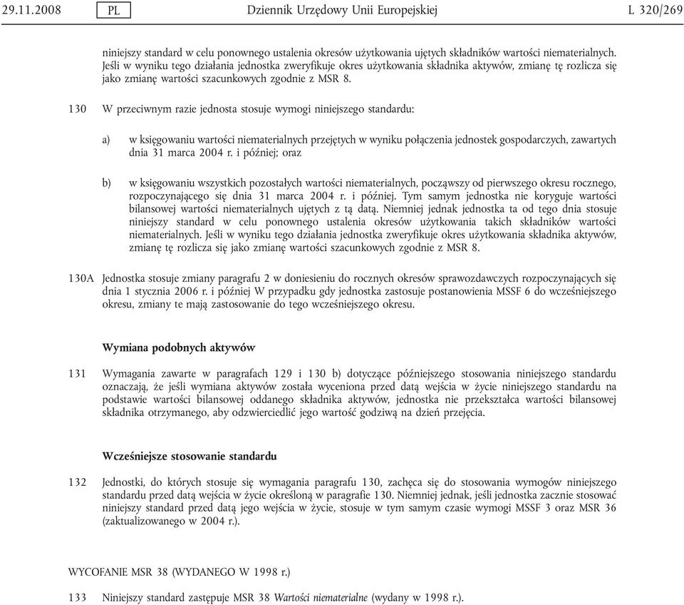 130 W przeciwnym razie jednosta stosuje wymogi niniejszego standardu: a) w księgowaniu wartości niematerialnych przejętych w wyniku połączenia jednostek gospodarczych, zawartych dnia 31 marca 2004 r.