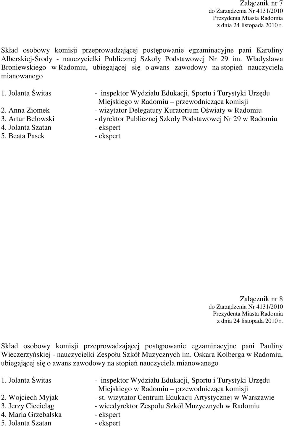 Anna Ziomek - wizytator Delegatury Kuratorium Oświaty w Radomiu 3. Artur Belowski - dyrektor Publicznej Szkoły Podstawowej Nr 29 w Radomiu 4. Jolanta Szatan - ekspert 5.