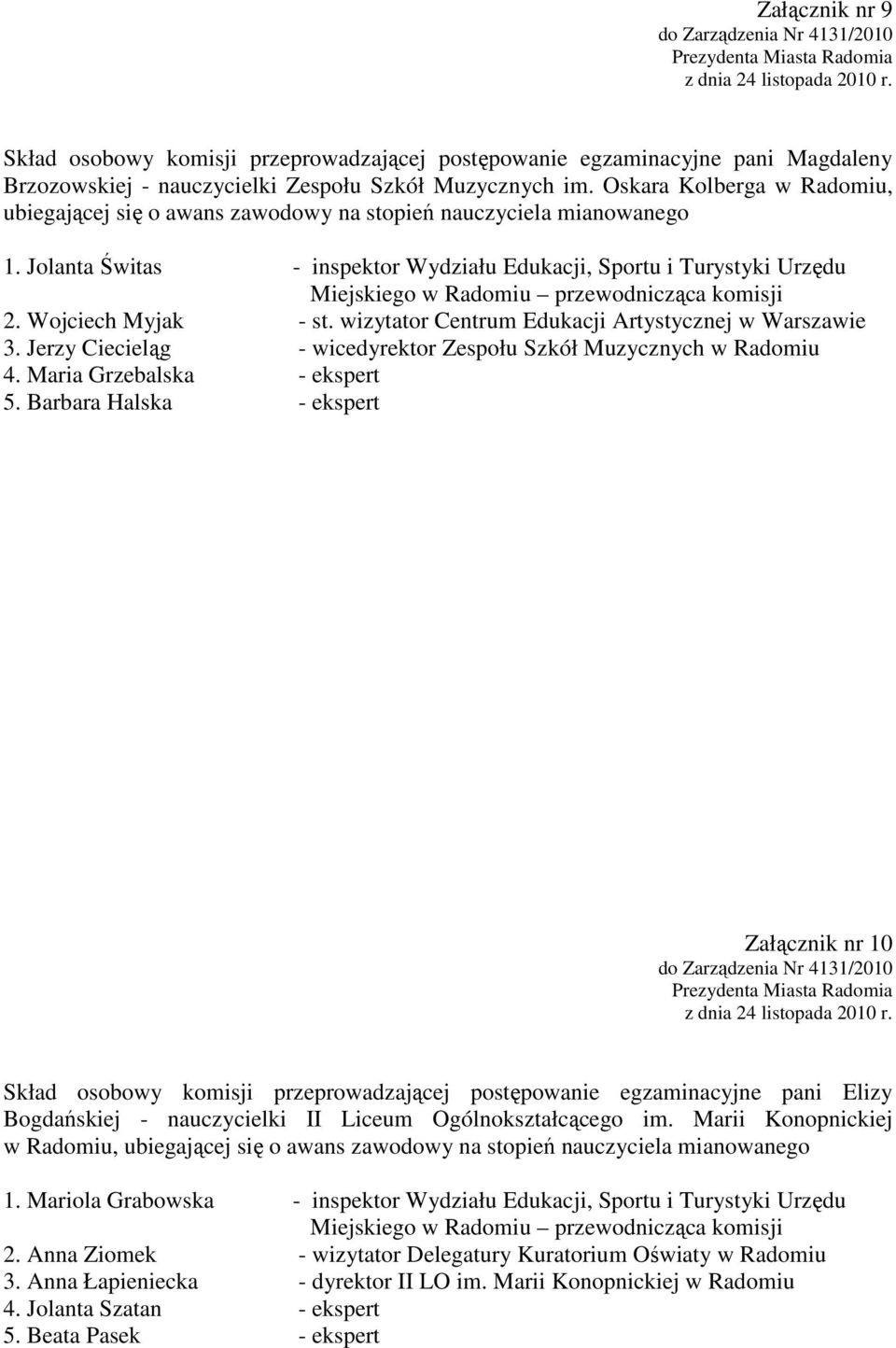 wizytator Centrum Edukacji Artystycznej w Warszawie 3. Jerzy Ciecieląg - wicedyrektor Zespołu Szkół Muzycznych w Radomiu 4. Maria Grzebalska - ekspert 5.