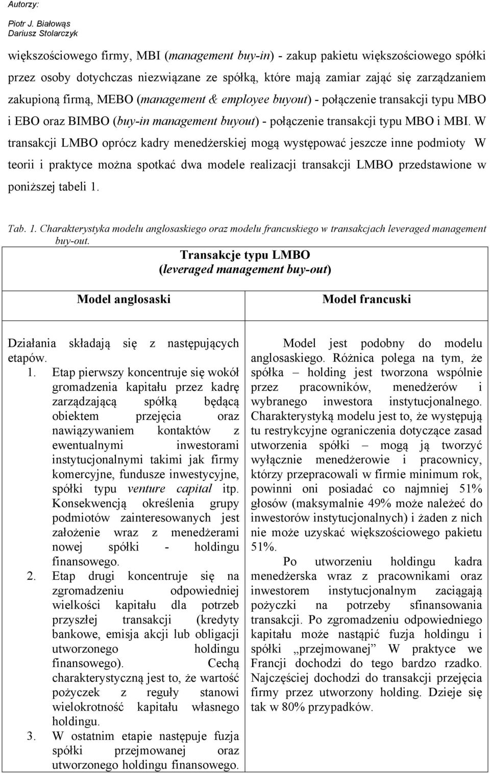 W transakcji LMBO oprócz kadry menedżerskiej mogą występować jeszcze inne podmioty W teorii i praktyce można spotkać dwa modele realizacji transakcji LMBO przedstawione w poniższej tabeli 1.